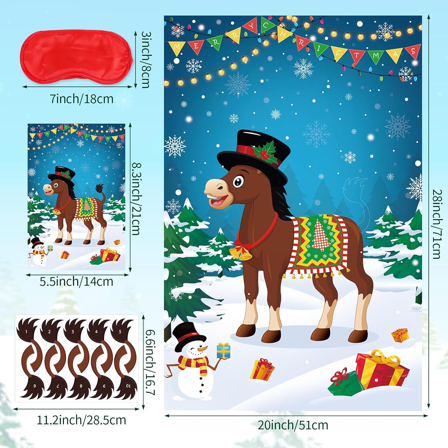 Pin The Tail On The Donkey Party Game With 50 Pcs Tails, Large Christmas Donkey Games Poster For Kids Christmas Party Decorations And Games Supplies