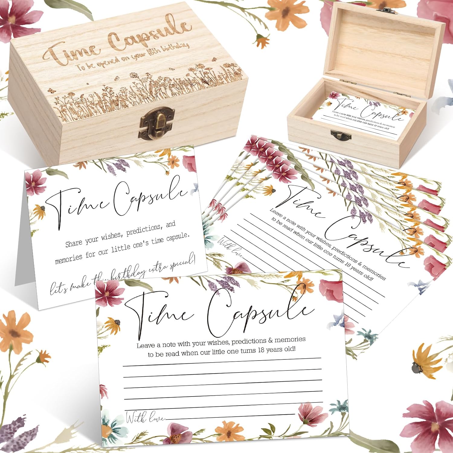 Time Capsule Box 1St Birthday Time Capsule First Birthday Party Games, 1St Activities For Guests, Advice And Wishes Cards Gift Keepsake For Party Supplies(Wildflower)