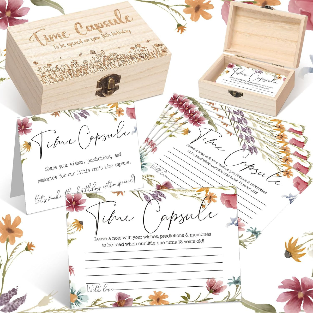 Time Capsule Box 1St Birthday Time Capsule First Birthday Party Games, 1St Activities For Guests, Advice And Wishes Cards Gift Keepsake For Party Supplies(Wildflower)