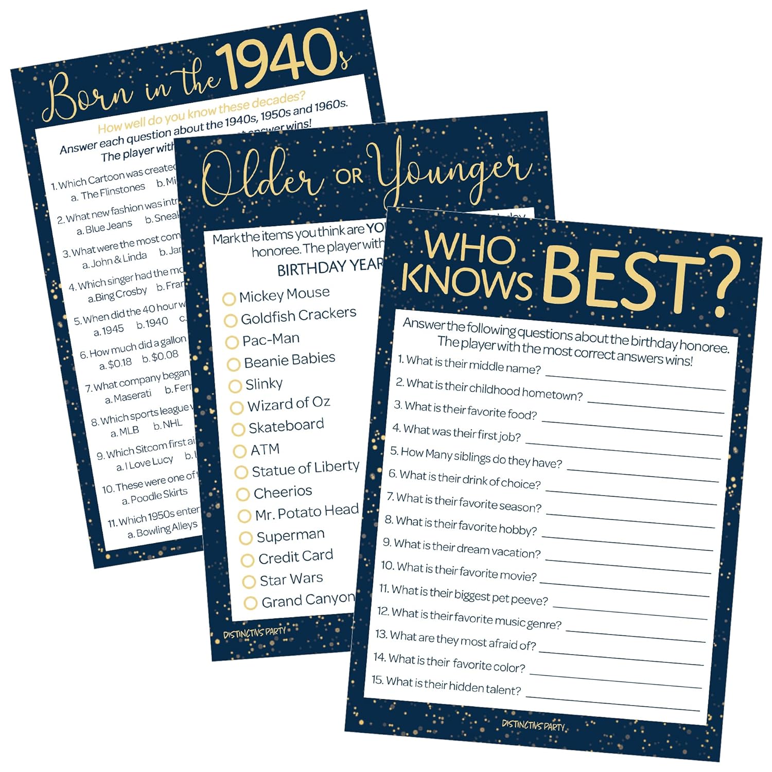 Blue And Gold 80Th Birthday Party Games Bundle - Set Of 3 Birthday Games For Adults - 20 Guests, Born In The 1940S Theme