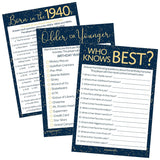Blue And Gold 80Th Birthday Party Games Bundle - Set Of 3 Birthday Games For Adults - 20 Guests, Born In The 1940S Theme