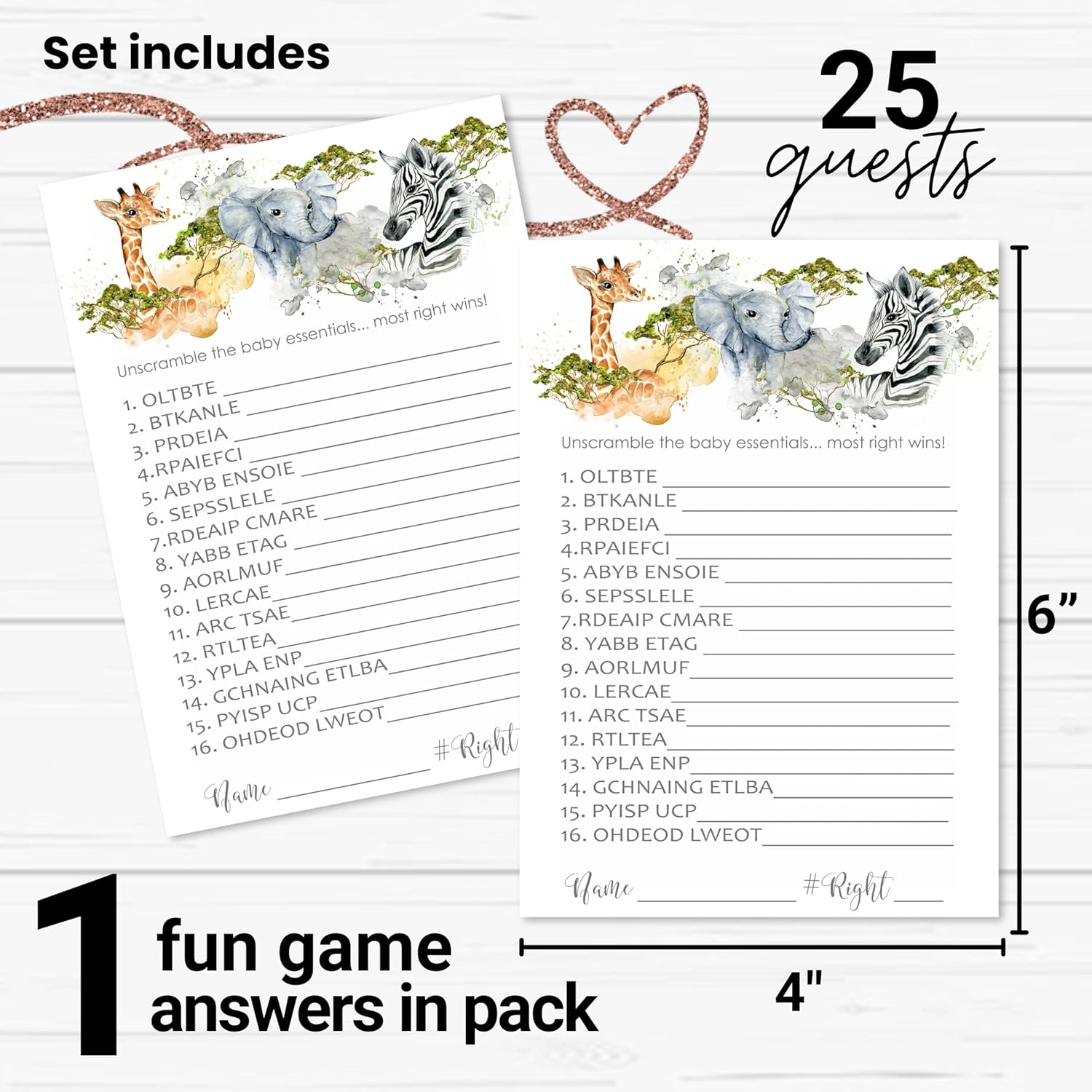 Jungle Baby Shower Games - Gender Neutral Word Scramble - Fun Activities For Guests With Prizes - Safari Animal Theme - Ideal For Boys Or Girls - 25 Pack
