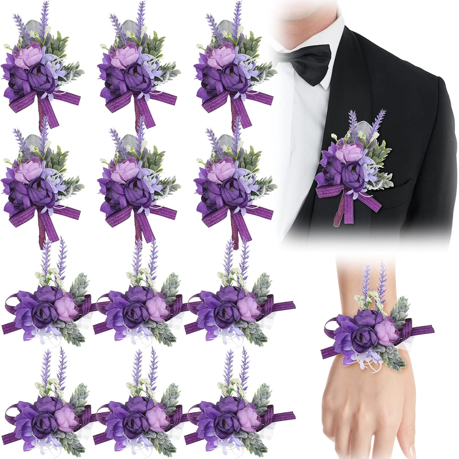 12 Pcs Purple Wrist Corsage And Boutonniere Set For Groom Groomsmen Bride Bridesmaids Wedding Party Prom Suit Artificial Peony Flowers Decor For Women Men Homecoming Ceremony Anniversary Formal Party
