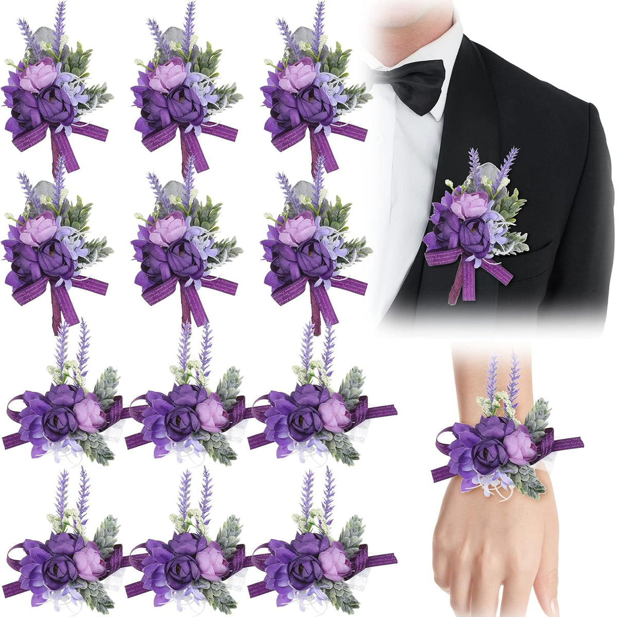 12 Pcs Purple Wrist Corsage And Boutonniere Set For Groom Groomsmen Bride Bridesmaids Wedding Party Prom Suit Artificial Peony Flowers Decor For Women Men Homecoming Ceremony Anniversary Formal Party