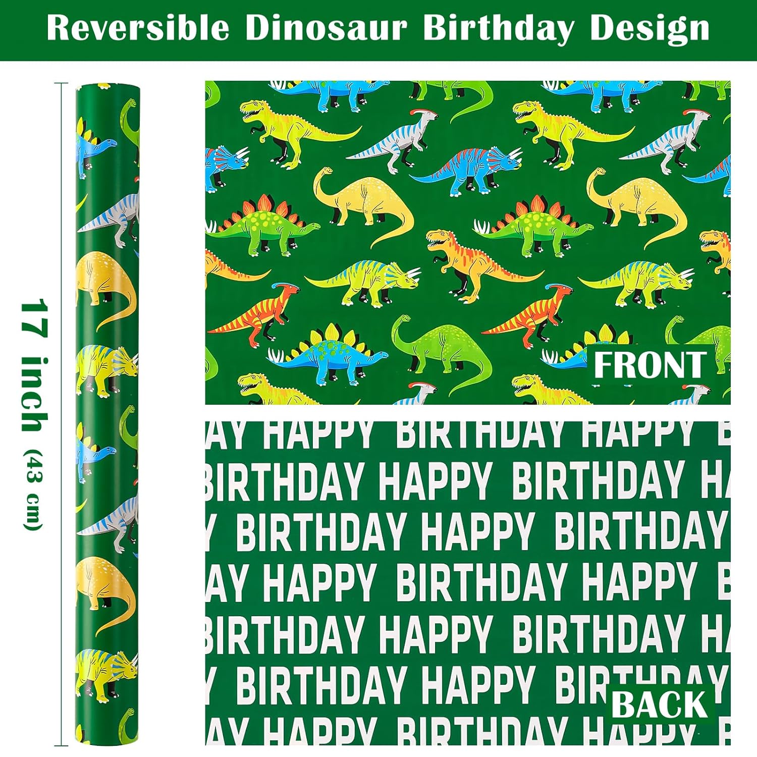 Reversible Dinosaur Wrapping Paper - Mini Roll - 17 Inch X 16.5 Feet - Green Dinosaur And Happy Birthday Wrapping Paper For Girl Kids Boy Birthday, Baby Shower