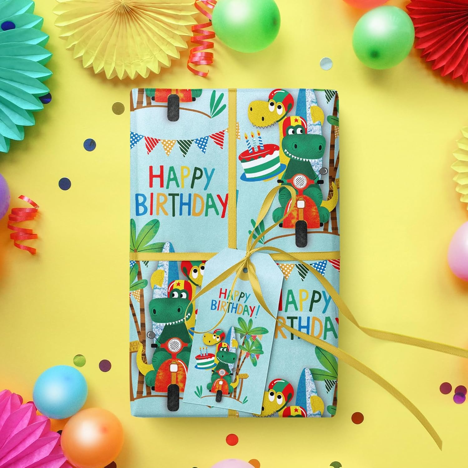 Birthday Dinosaur Wrapping Paper Roll - Mini Roll - 17 Inch X 9.8 Feet - Dinosaur And Happy Birthday Wrapping Paper, Perfect For Girl Kids Boy, Baby Shower, Party, Holiday