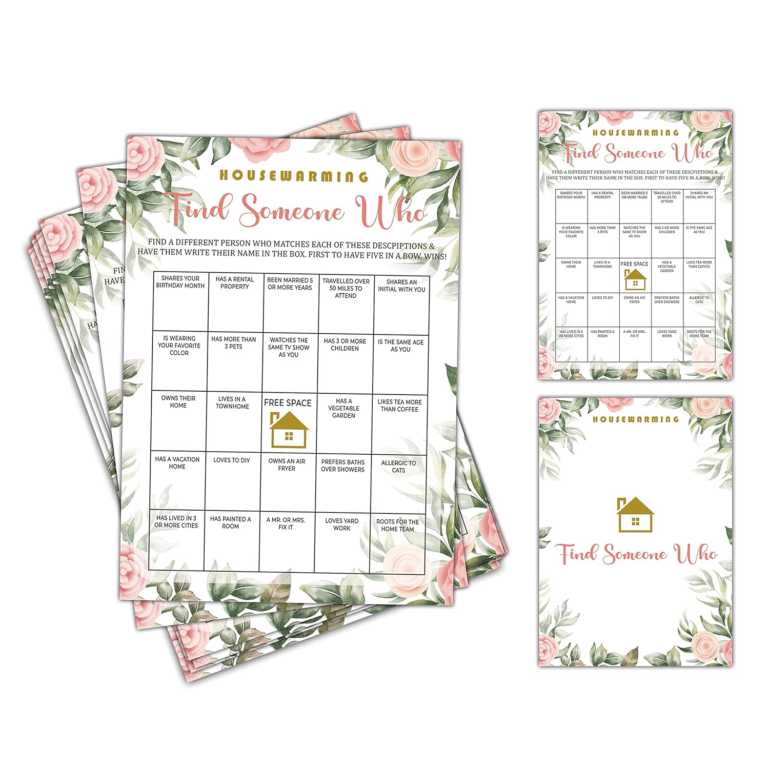 Housewarming Party Game, Find Someone Who, Floral Greenery New Home Celebration Party Ideas, New Homeowner/First Home/Apartment/House Party Decorations - 30 Pack(B05)