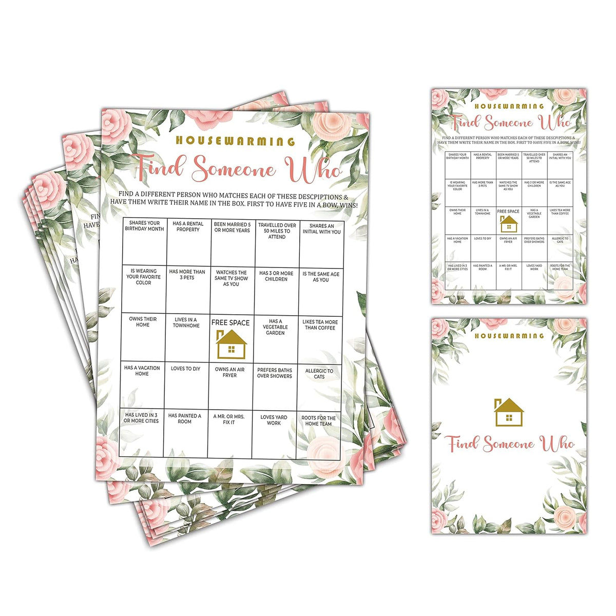 Housewarming Party Game, Find Someone Who, Floral Greenery New Home Celebration Party Ideas, New Homeowner/First Home/Apartment/House Party Decorations - 30 Pack(B05)