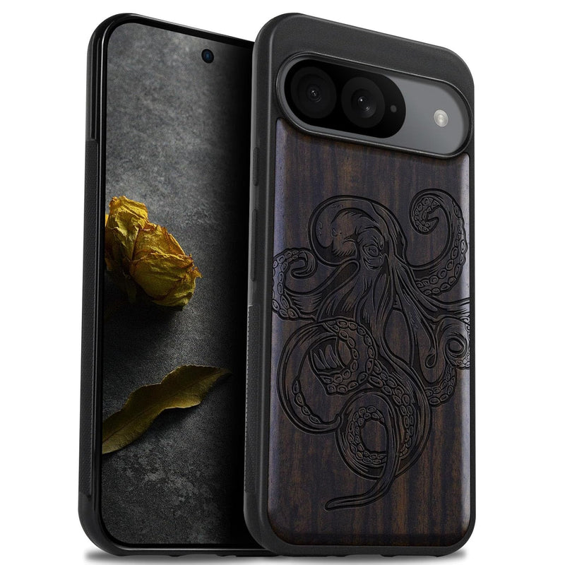 Pixel 9 Wood Case w/ Black TPU, Shockproof - Octopus Design (Blackwood)