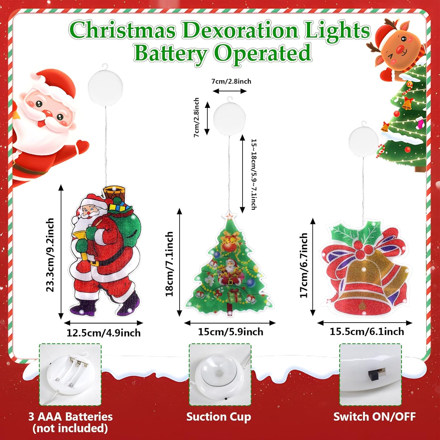 Christmas Window Decorations Lights With Suction Cup 3 Pcs Battery Operated Hanging Light Santa Claus, Bells, Christmas