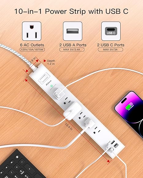 2 Pack Surge Protector Power Strip with 6 Outlets 4 USB Ports 2 USB C 10FT Flat Plug Extension Cord