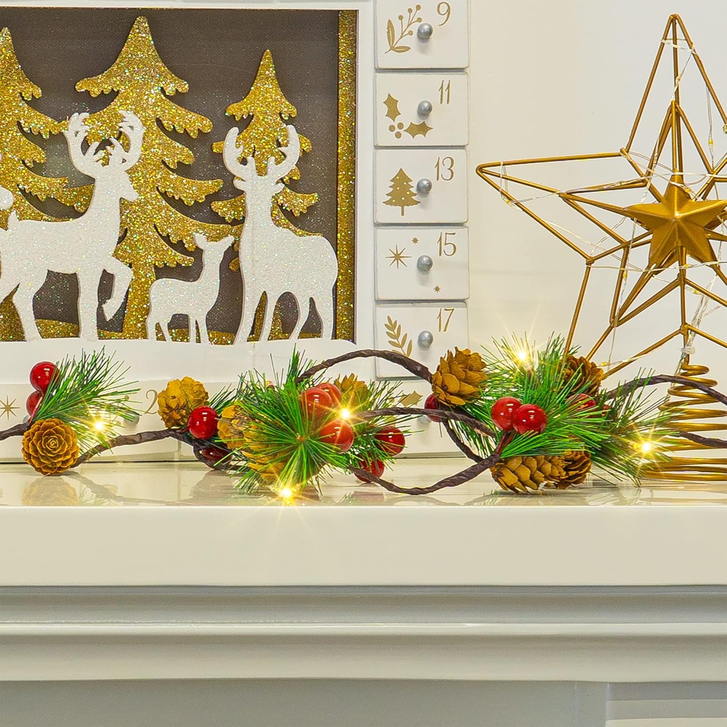 Pine Cone Christmas String Lights, Total 6.5Ft 20Led Battery Operated Christmas Garland With Red Berry Pine Cone Fairy S