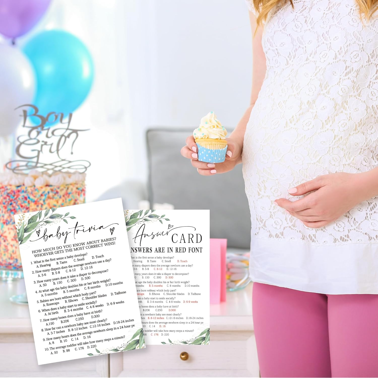 Trivia Baby Shower Games, 30 Greenery And White Game Cards For Girl Boy With 1 Answer Card, Gender Reveal Games, Baby Announcement,Party Favor & Supplies-B13