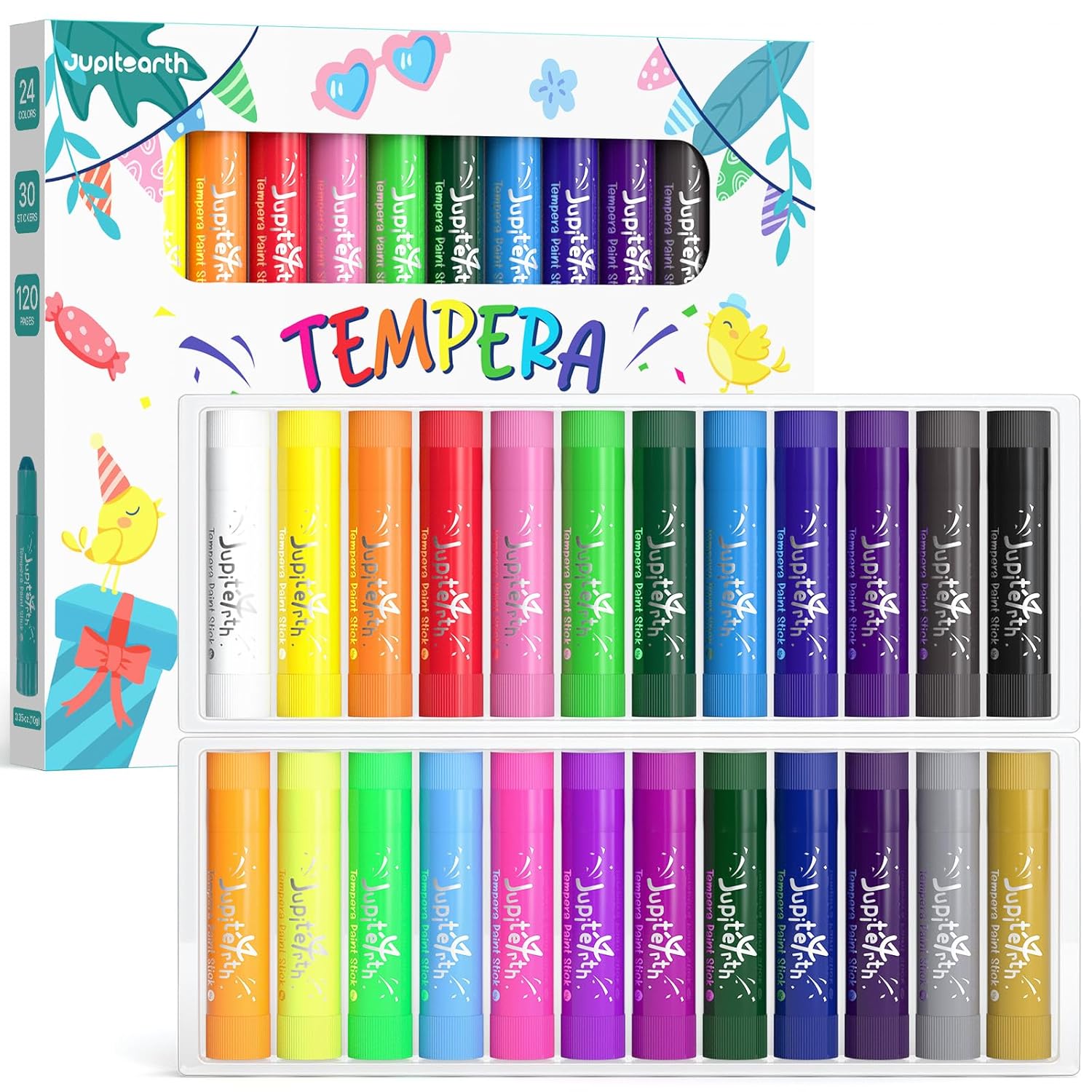 Paint Sticks For Kids 24 Colors, Quick Drying, Smooth, Non-Toxic And Washable Tempera Paint Sticks With 120 Pdf Coloring Pages And 30 Stickers, Toddler Art Supplies For Drawing