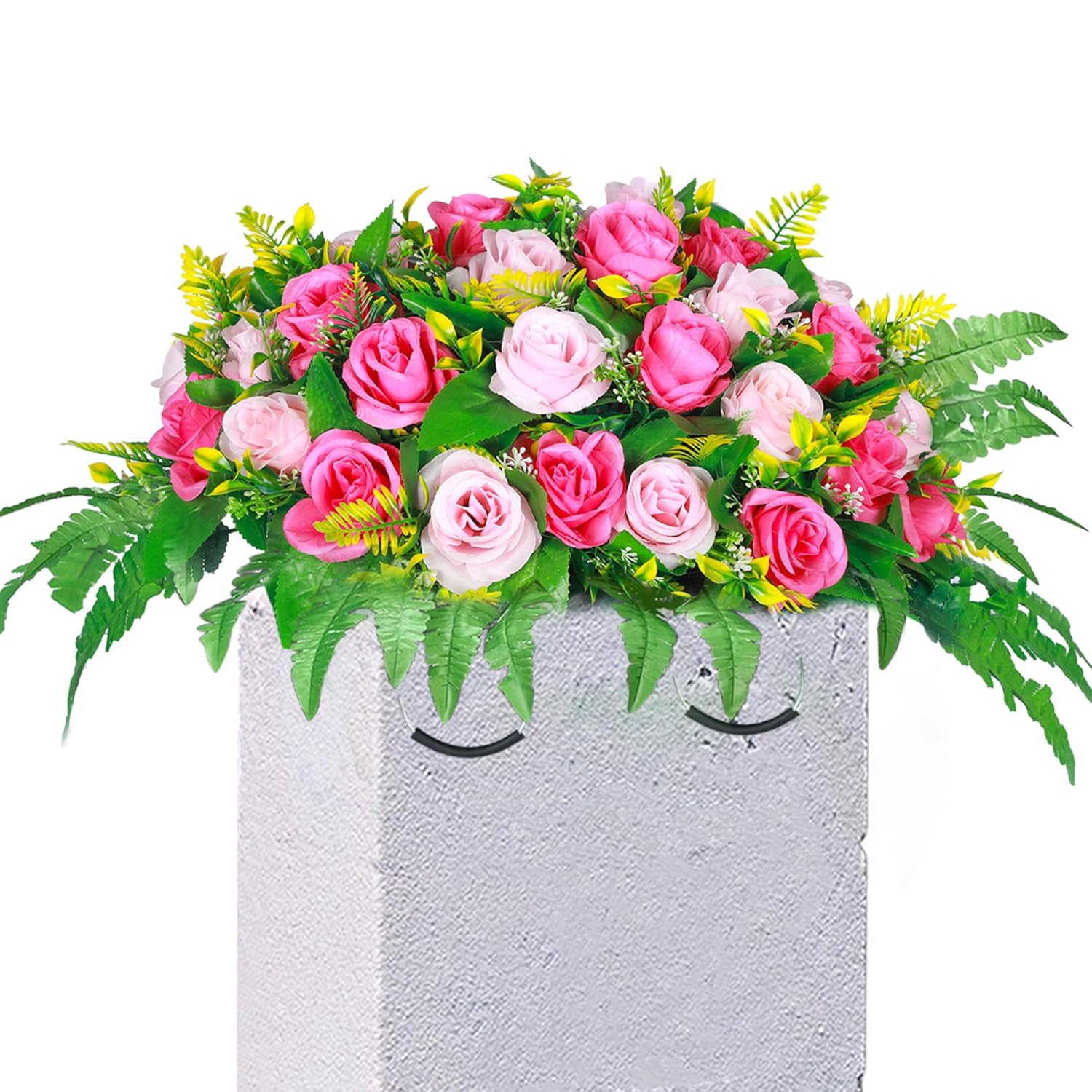 Artificial Cemetery Flowers, Artificial Silk Flower Arrangement,Artificial Rose Bouquet Grave Memorial Flowers With Headstone Flower Saddle For Graveyard Headstones Decoration (1, Pink And Red)