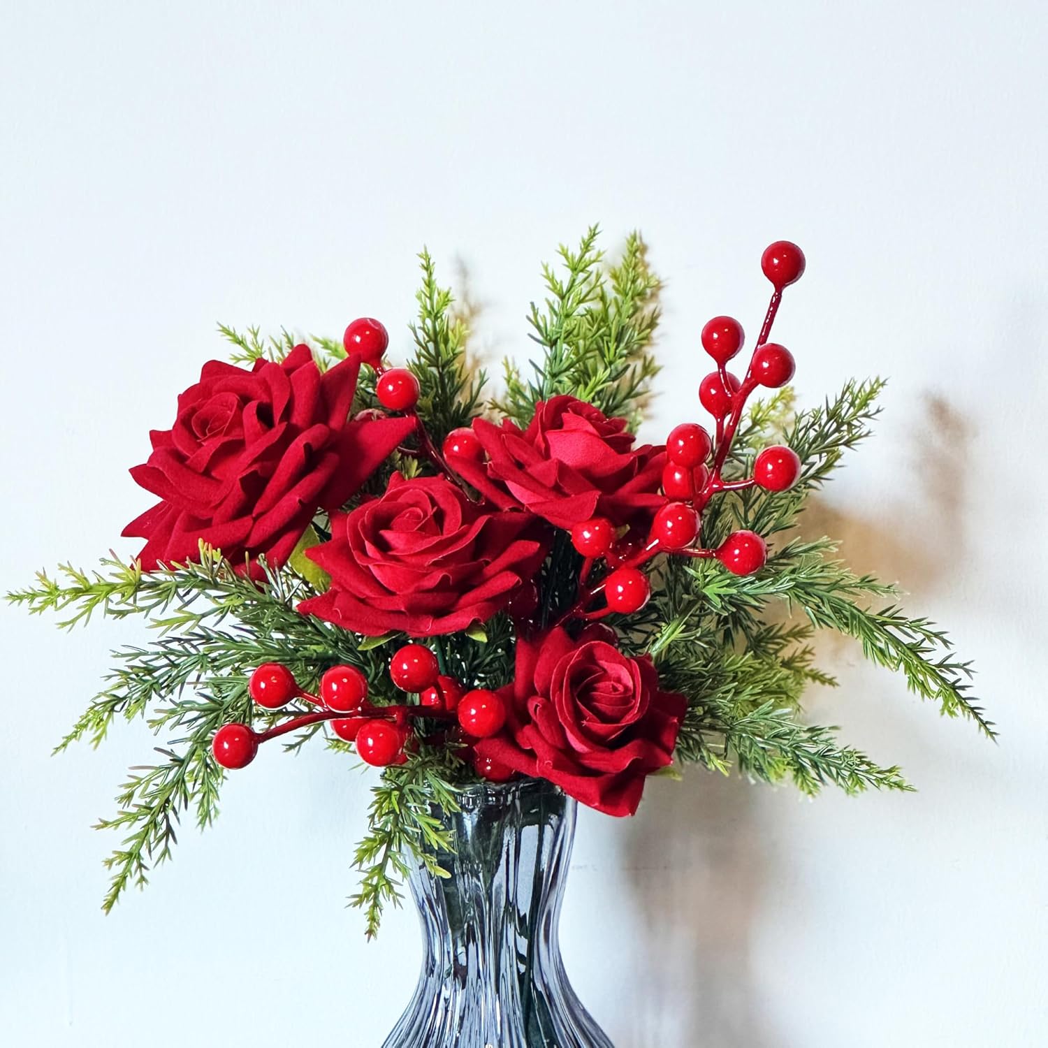 Artificial Flowers, Winter Flowers Artificial - Roses Bouquet With Berry And Pine Stems, 11 Pcs Faux Flowers & Plants For Indoor Decoration, Artificial Flowers Bouquet For Holiday, 12 Inch