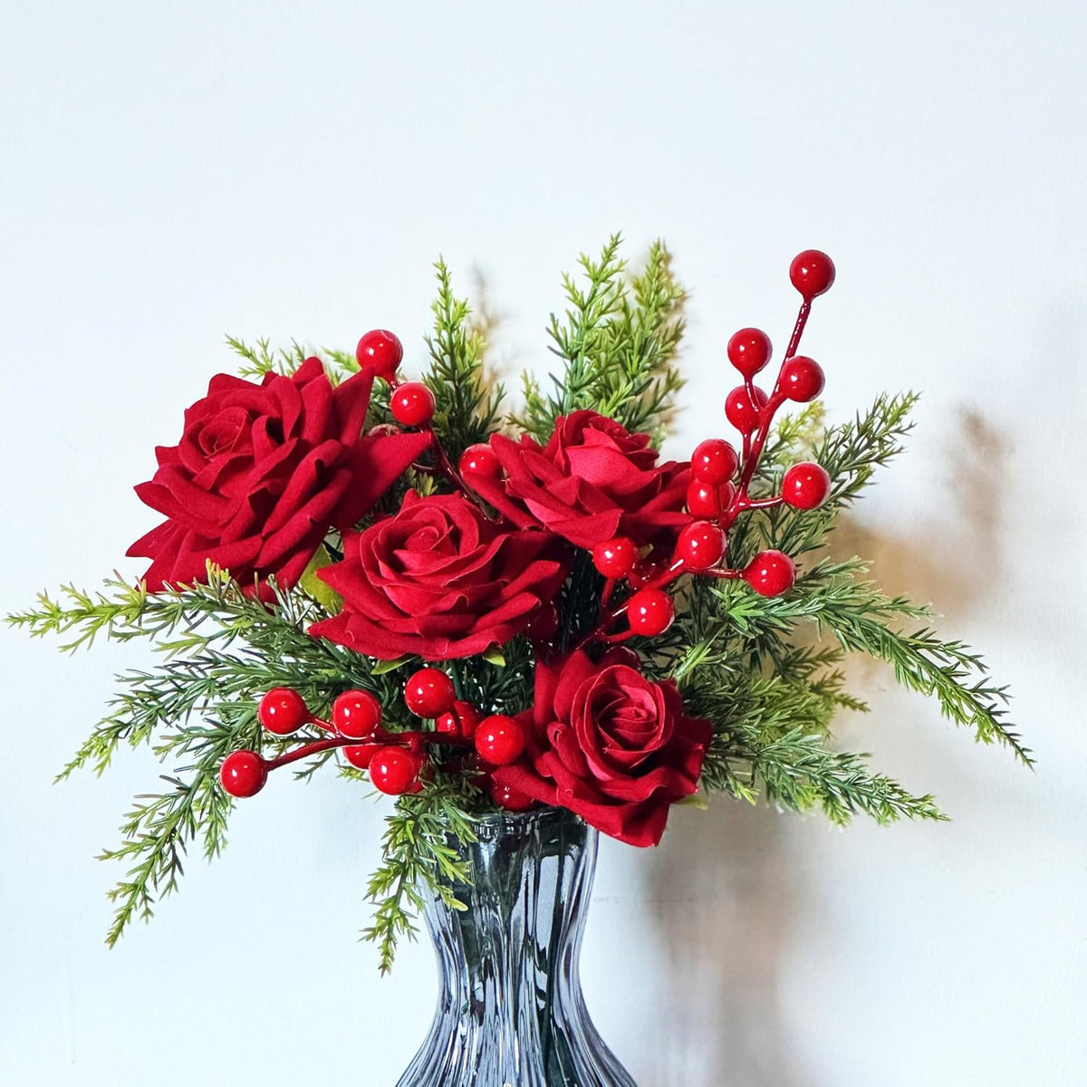 Artificial Flowers, Winter Flowers Artificial - Roses Bouquet With Berry And Pine Stems, 11 Pcs Faux Flowers & Plants For Indoor Decoration, Artificial Flowers Bouquet For Holiday, 12 Inch