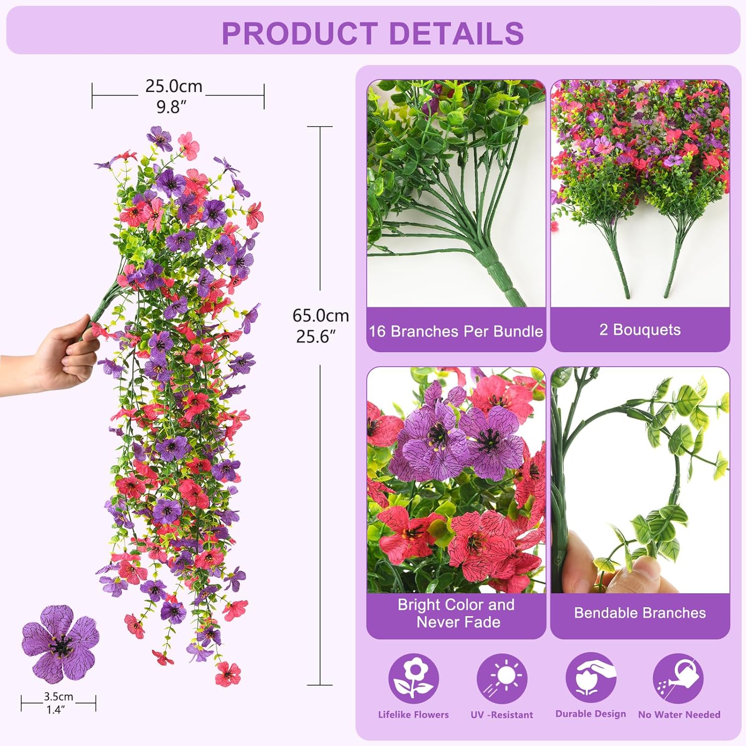 Artificial Hanging Flowers For Outdoors, 2 Pcs Fake Hanging Plant Spring Summer Decoration, Uv Resistant No Fade Faux Silk Daisy Flower For Planter Porch Patio Yard Garden Decor(Purple Hot Pink)