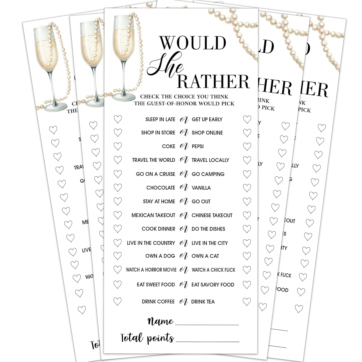 Wedding Shower Games Cards, Would She Rather, 25 Pcs Pearls And Champagne Bridal Wedding Activities Game Cards For Guests, Engagement Bachelorette Party, Bridal Shower Party Decorations, 4X9 Inch-C02