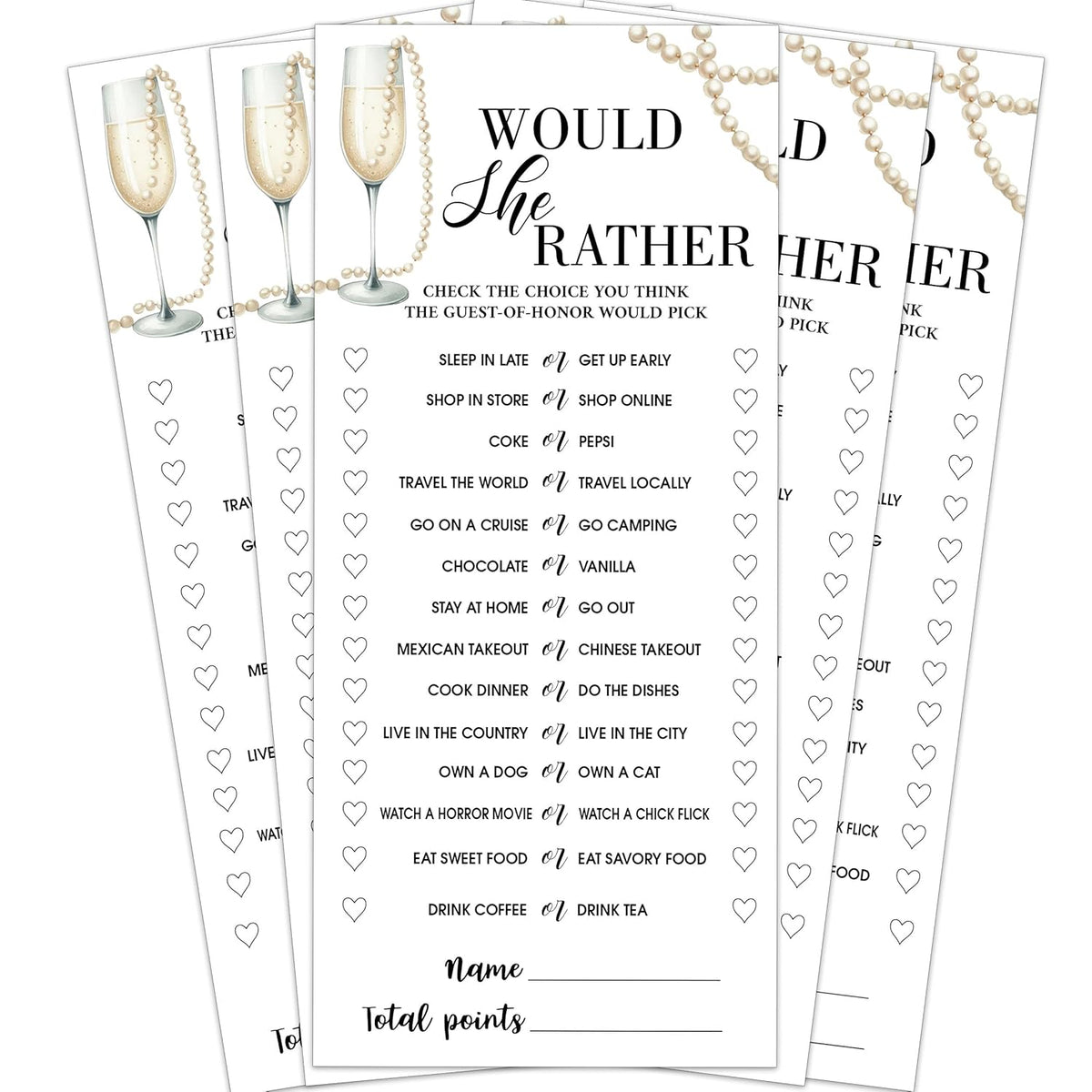 Wedding Shower Games Cards, Would She Rather, 25 Pcs Pearls And Champagne Bridal Wedding Activities Game Cards For Guests, Engagement Bachelorette Party, Bridal Shower Party Decorations, 4X9 Inch-C02