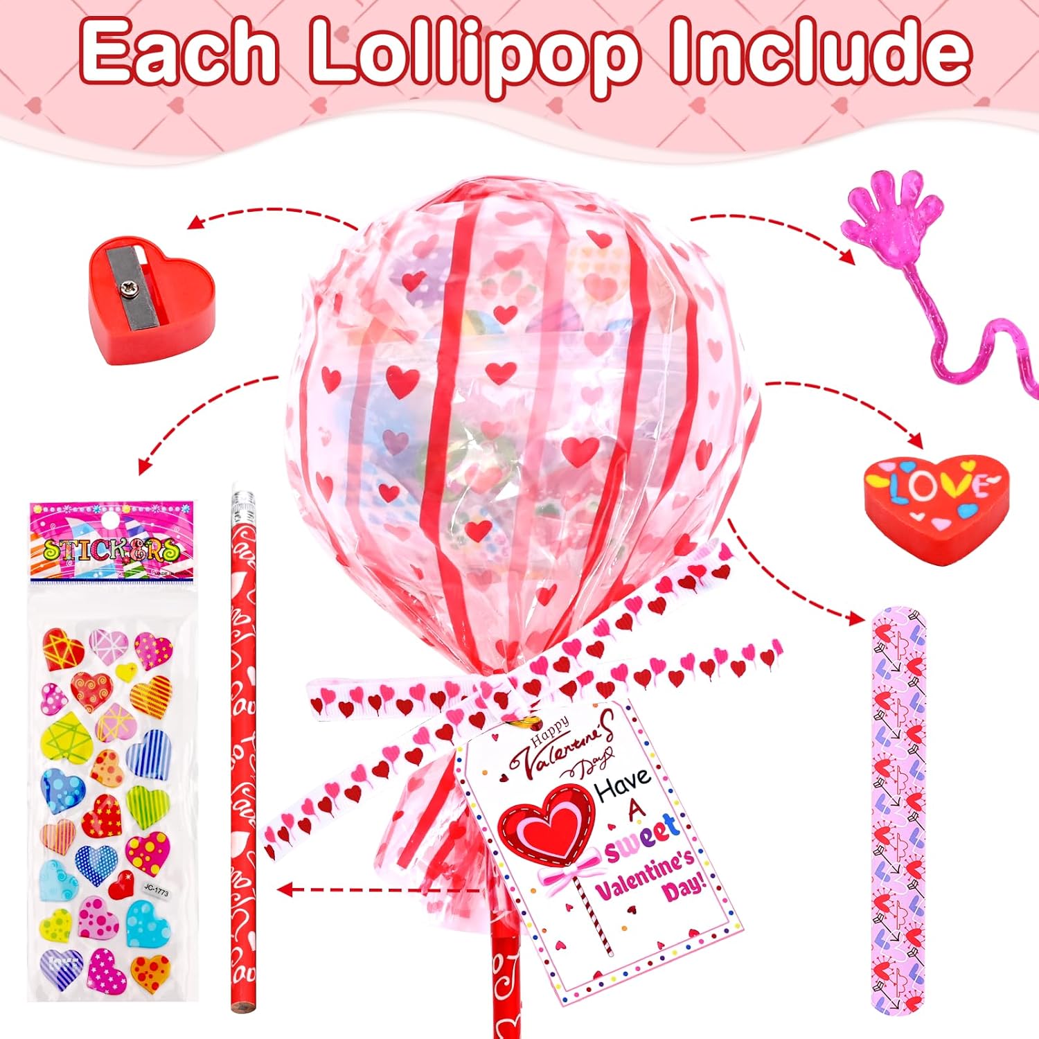 24 Pack Valentines Day Gifts, Valentine'S Day Cards For Students, Lollipop-Shaped Stationery Set With Pencils Stickers Erasers Sharpener For Boys Girls School Classroom Exchange Party Favors