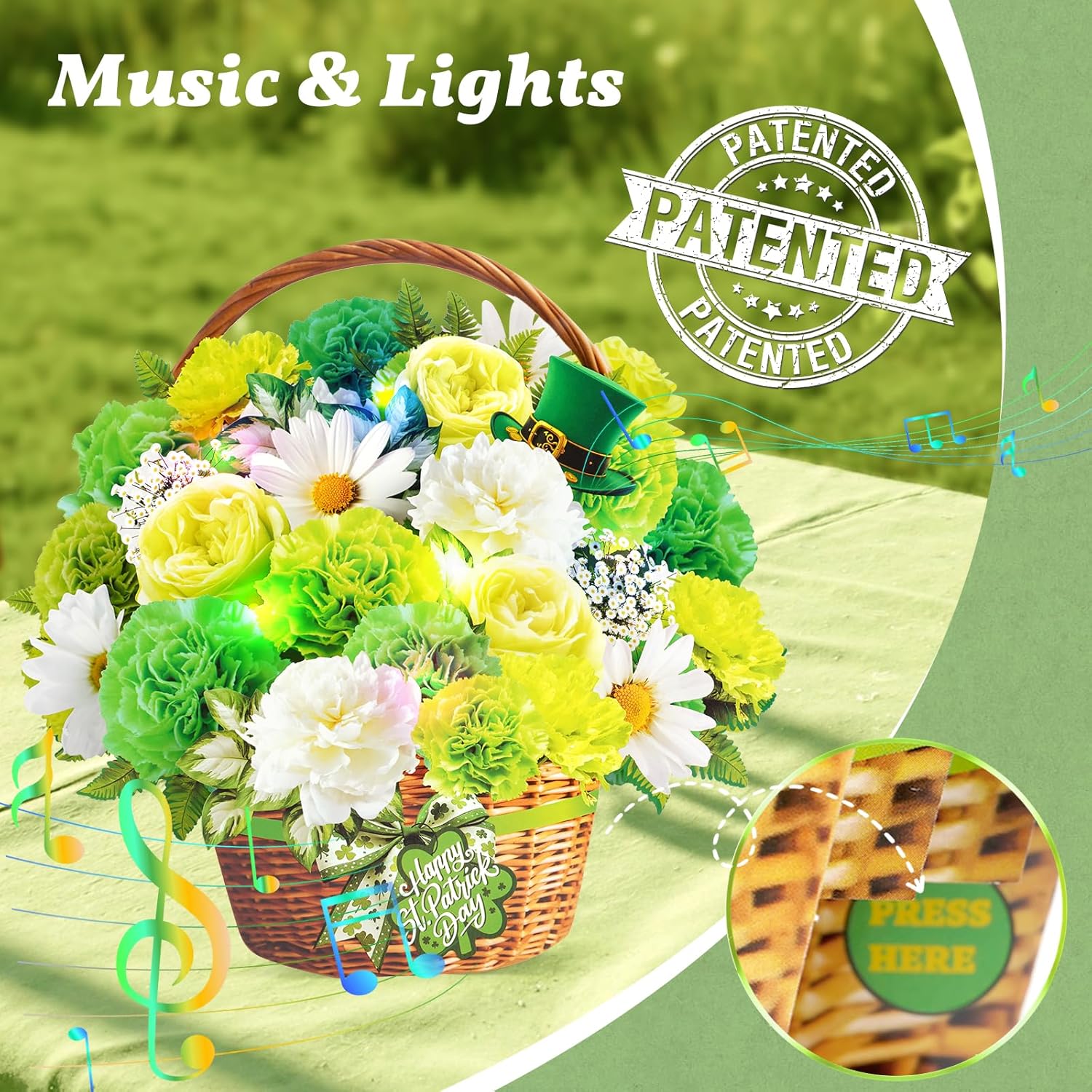 St Patricks Card, Green Card With Music And Lights, St Patricks Basket Gift For Women Kids Mom