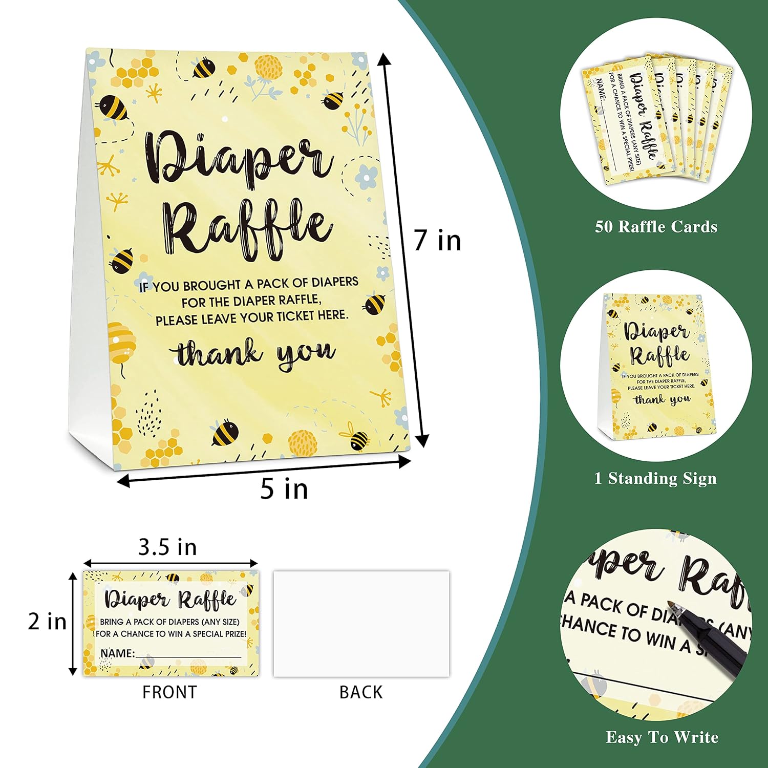 Diaper Raffle Baby Shower Game Set(1 Standing Sign + 50 Finding Cards), Bumble Bee Diaper Raffle Tickets For Baby Shower, Honey Honeycomb Gender Reveal Party Favor Decor - A20