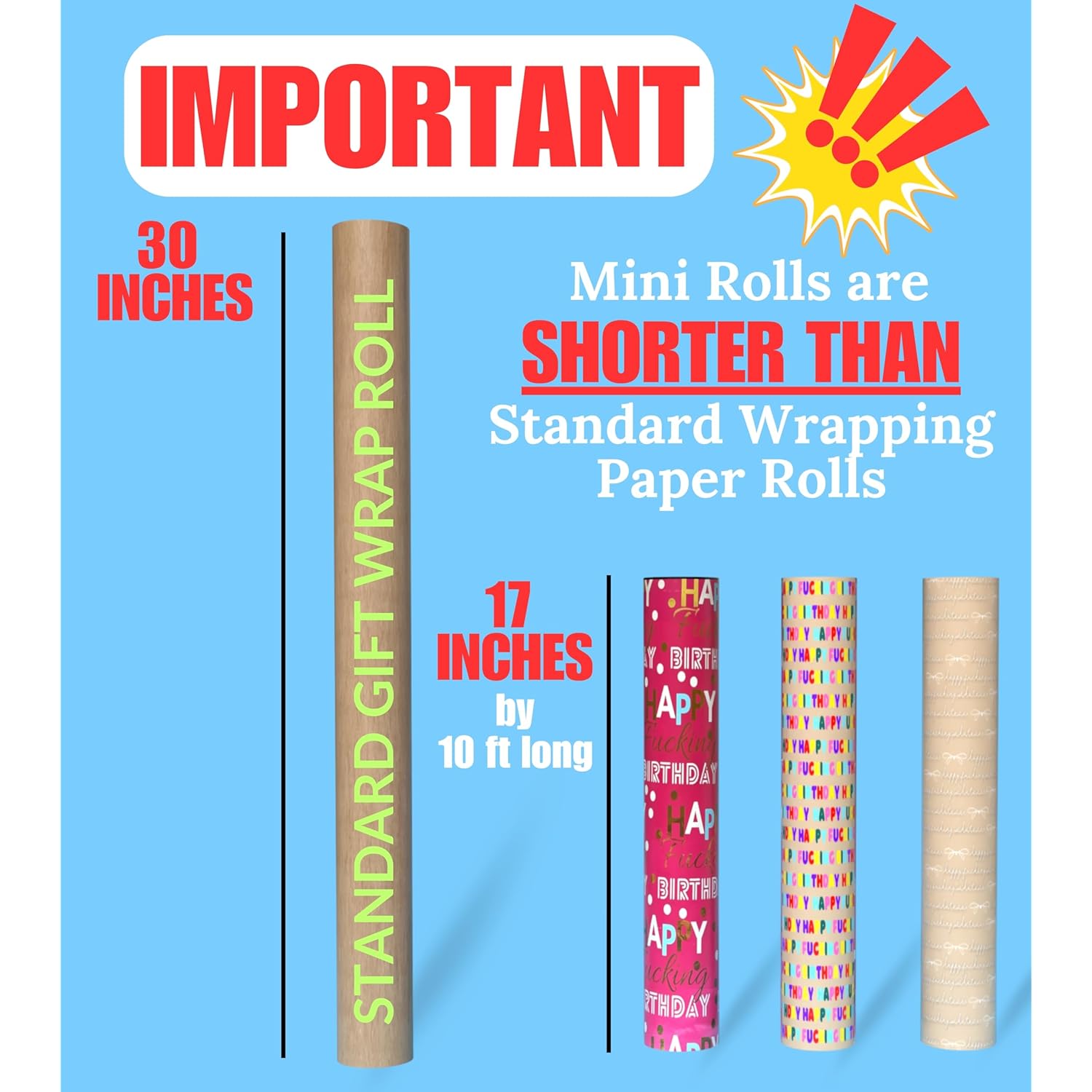 Funny Adult Wrapping Paper 17'' Mini Rolls | 'Happy Fcking Birthday' Pink Gold Foil & Kraft Designs | Premium Thick Gift Wrap, 42.5 Sq Ft Total | 3-Pack For Birthdays & Gag Gifts