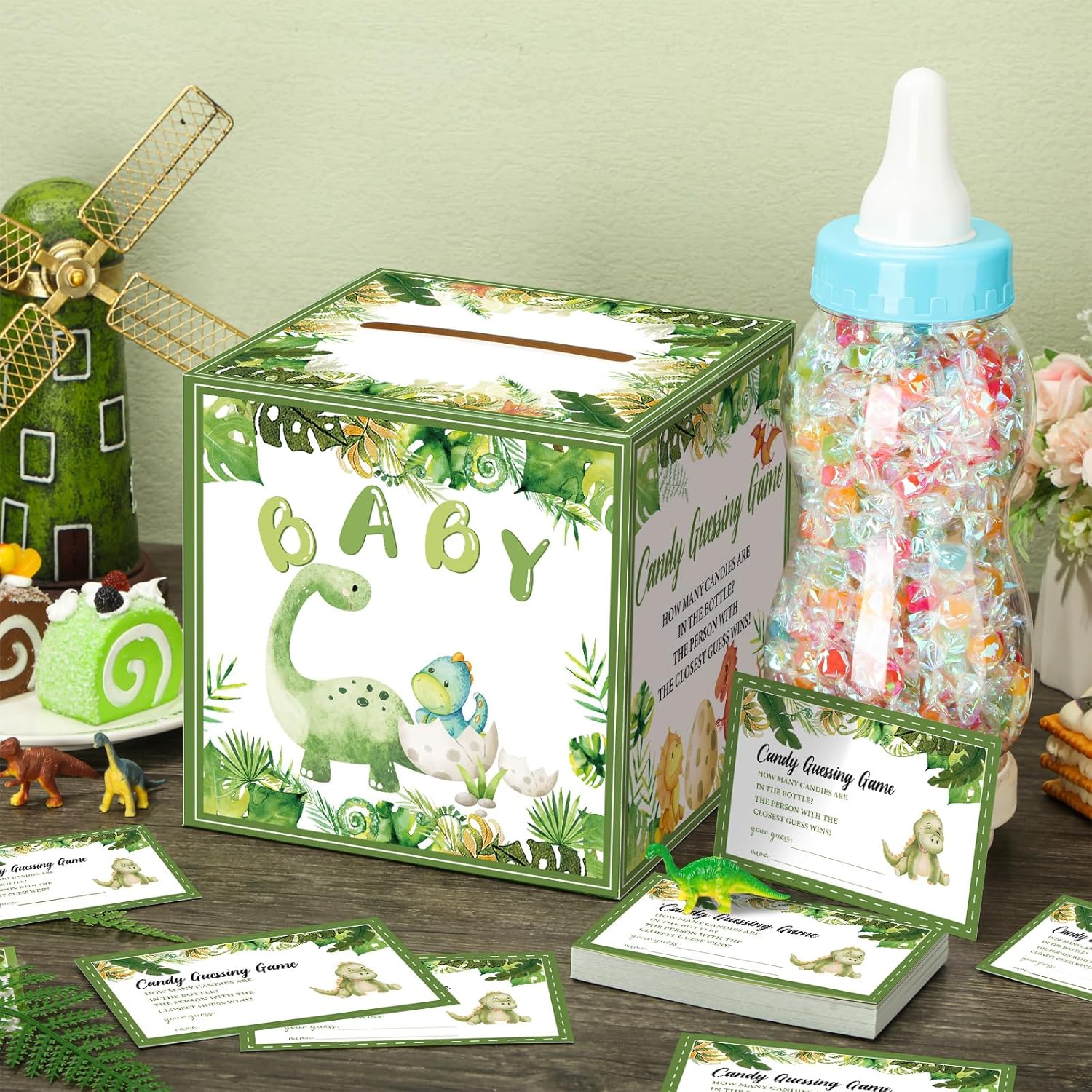 52 Pcs Baby Shower Games Gift Sets Large Baby Bottle For Shower Game Guess How Many Candies Baby Shower Decorations For Baby Shower Favors Games Gender Reveal(Dinosaur Style)