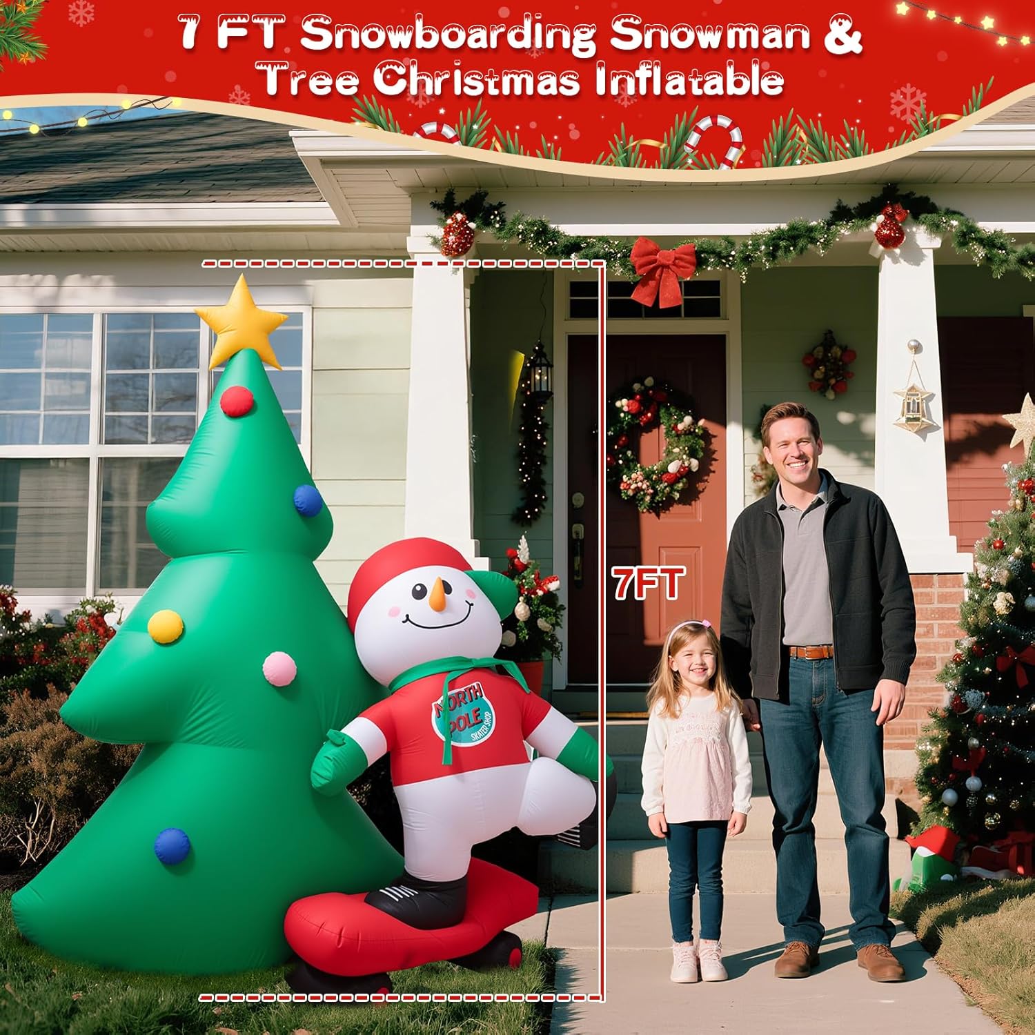 7 Ft Christmas Inflatable Snowboarding Snowman With Tree, Outdoor Yard Decoration With Built-In Led Lights, Blow Up Xmas