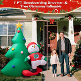 7 Ft Christmas Inflatable Snowboarding Snowman With Tree, Outdoor Yard Decoration With Built-In Led Lights, Blow Up Xmas