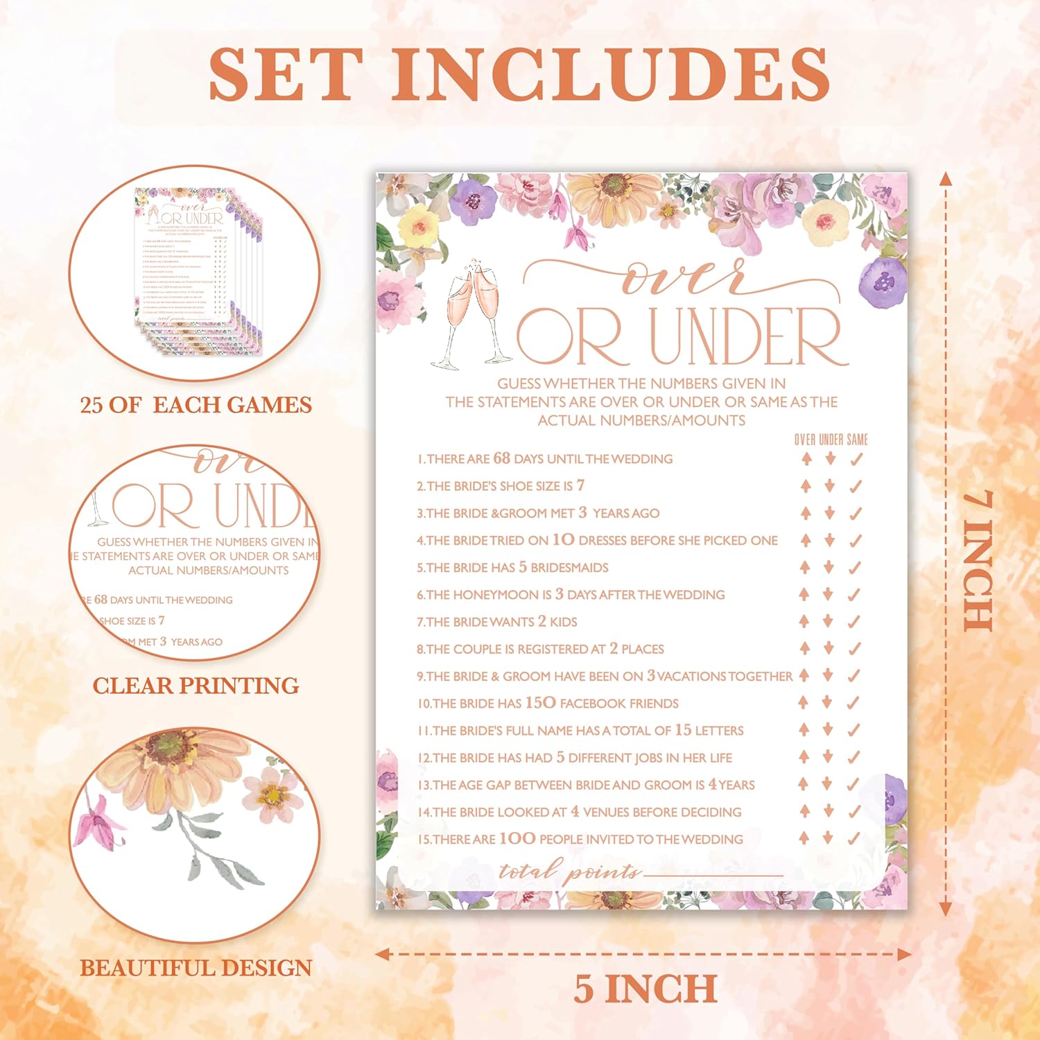 Wildflowers Wedding Games, Over Or Under, 25 Guest Party Pack, Adults, 5X7 Inches, Perfect For Bridal Showers & Engagement Parties