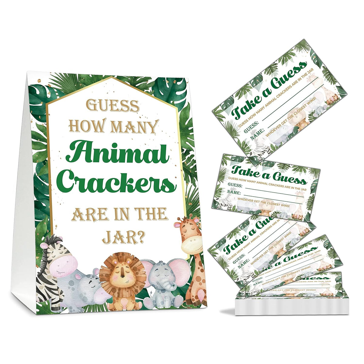 Find How Many Animal Crackers Guessing Game, Safari Jungle Animal Baby Shower Game Cards, Woodland Animals Baby Shower Favors Supplies Decorations, 50 Cards And Matching Standing Sign-A01