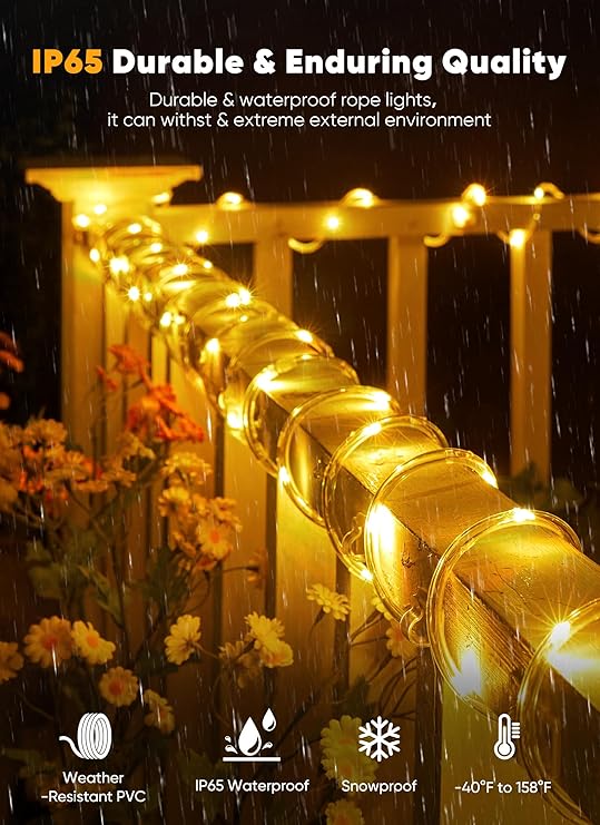 39FT 100 LED Solar Rope Lights Outdoor Waterproof Warm White Solar String Lights with 8 Lighting Modes for Garden Patio Pool Backyard Tree Party Decor