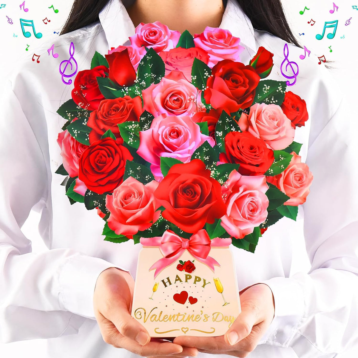Pop Up Valentine’S Day Card With Light & Music, 12 Inch Paper 3D Rose Bouquet Greeting Card With Envelop, Happy Valentines Day Cards For Wife, Popup Valentines Day Card Gifts For Her Women Girlfriend