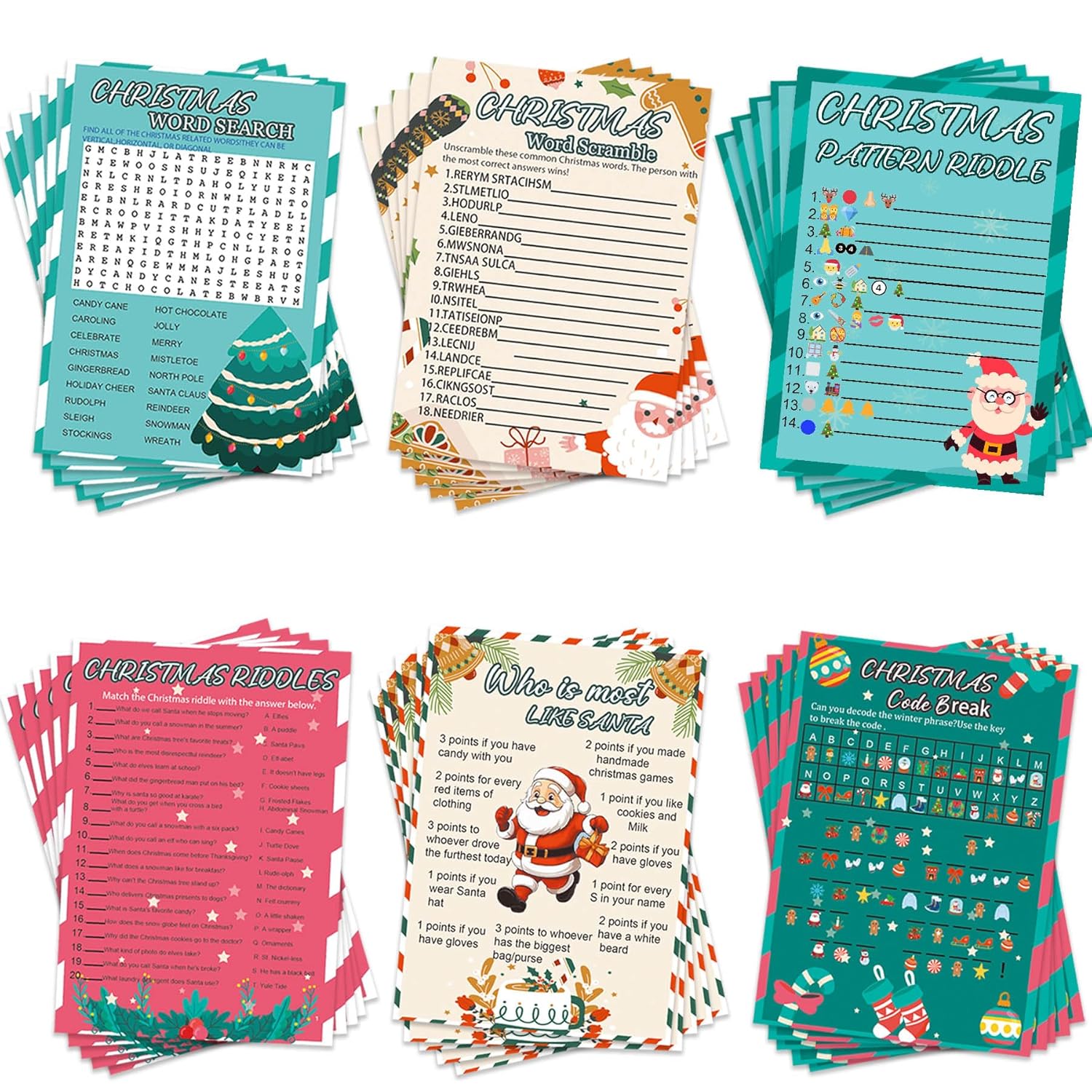 154 Pcs Christmas Games Sets Christmas Party Games Card For Family,Christmas Word Search Word Scramble Riddles Code Break For Christmas Winter Festival Activity Party Supplies