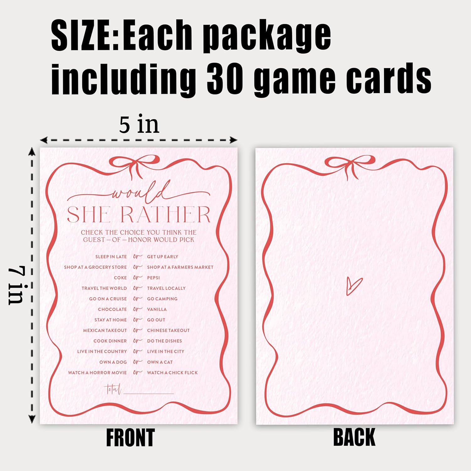5" X 7" Pink Bow Bridal Shower Game Cards - Would She Rather - 30Pcs Double-Sided Fill-In Wedding Game Cards, Engagement & Wedding Party, Activities & Decor - A01