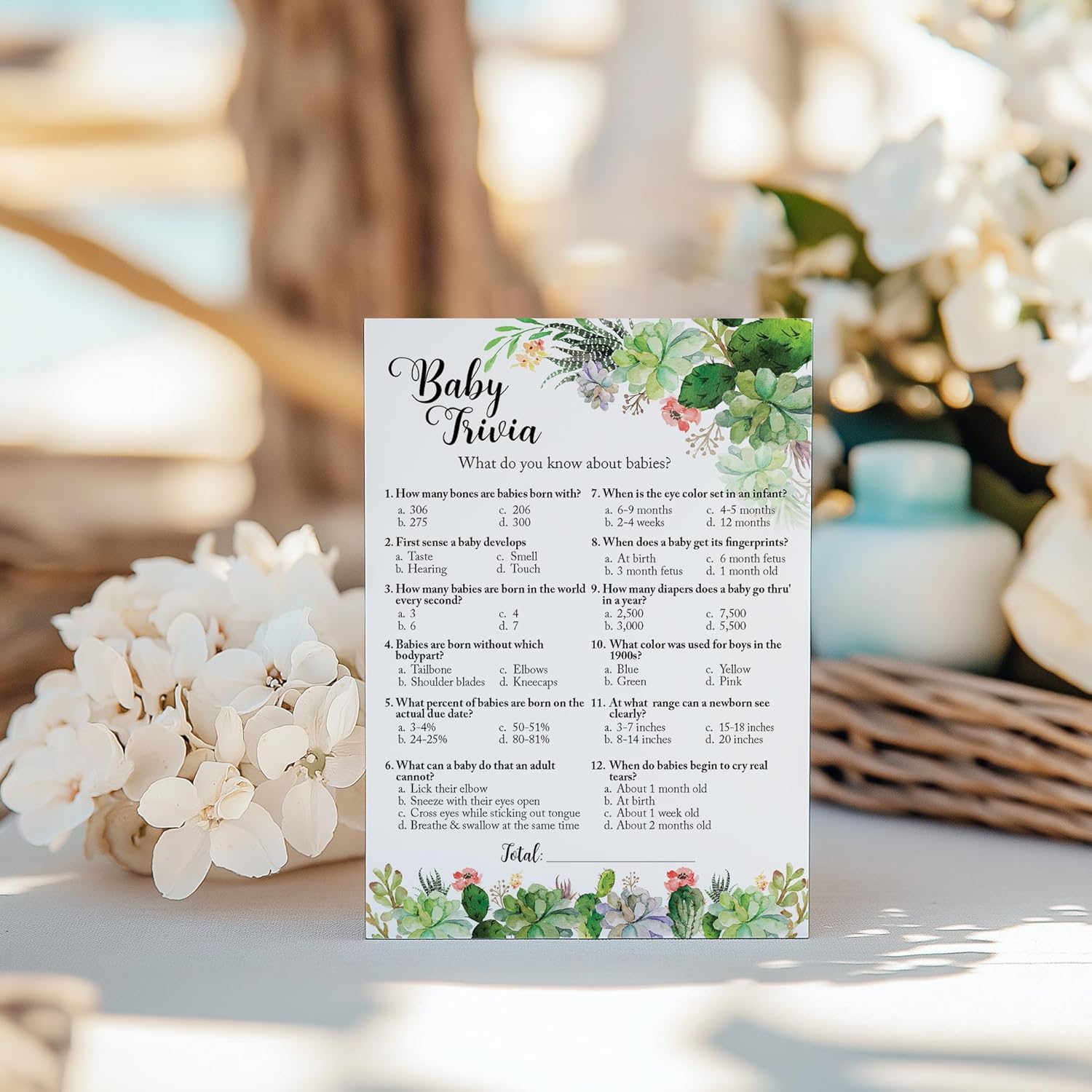 Succulents Baby Shower Games — Baby Trivia Game — Pack Of 25 — Fun Facts Floral Greenery Succulent Theme Co-Ed Couples Shower Activity, Rustic Gender Neutral Reveal Party G300-Trv