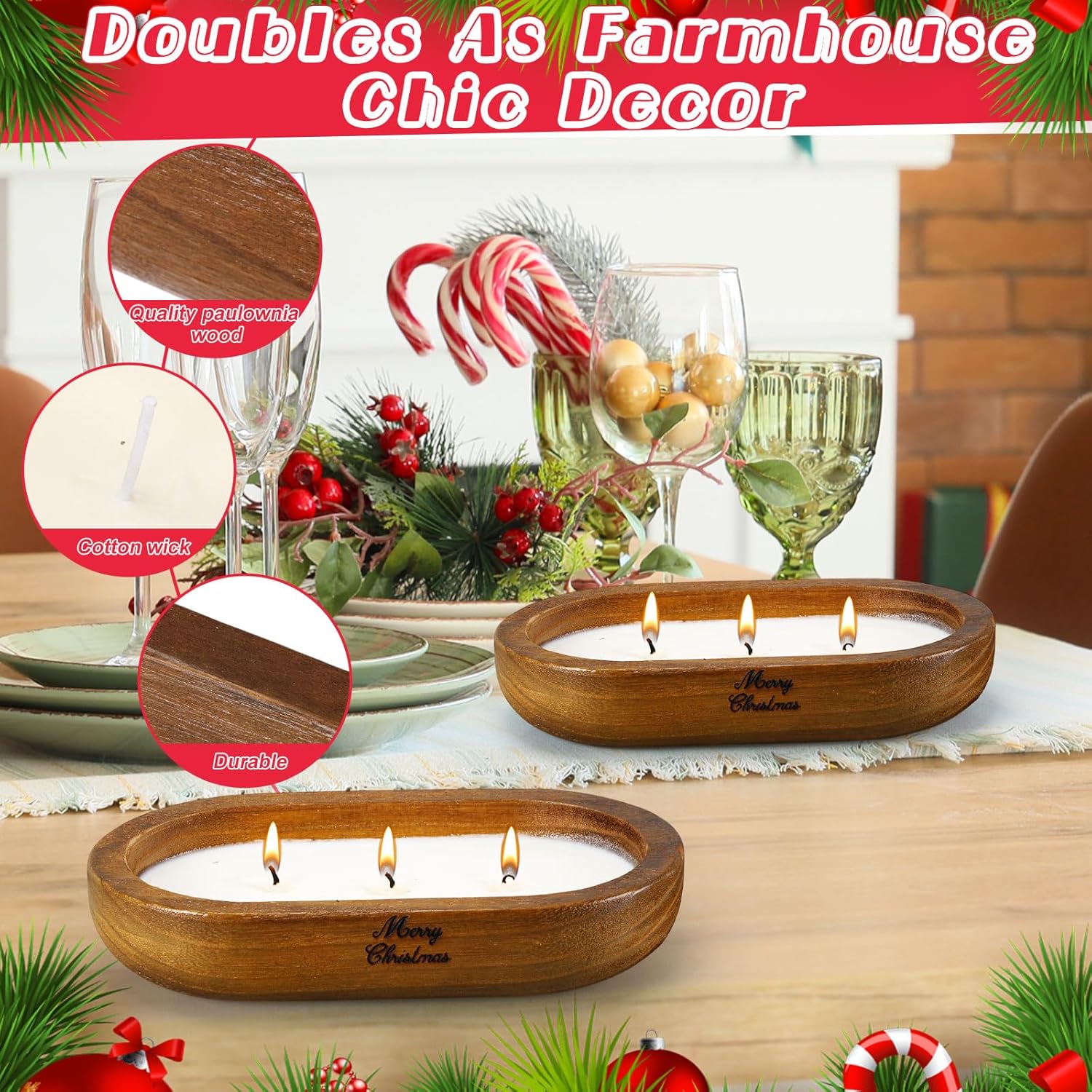 2 Pack Dough Bowl Christmas Candle Wood Candle 9.4 X 5.7 X 1.8 Inch Scented Candles For Home Wooden Candle Bowl 3 Wick Decorative Candles For Home Decor Farmhouse Gift For Christmas