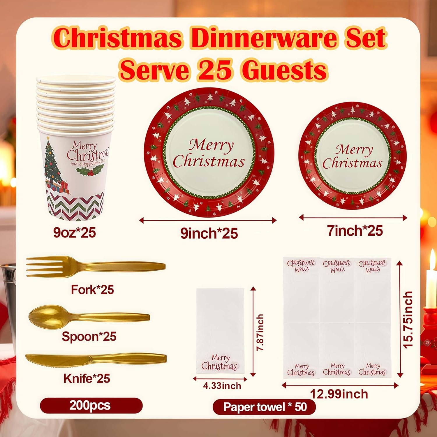 200 Pcs Merry Christmas Disposable Dinnerware Set For 25 Guests Christmas Paper Plates (7"& 9"), Paper Cups, Napkins, Plastic Cutlery For Xmas Winter Holiday Dinner Party Celebrations