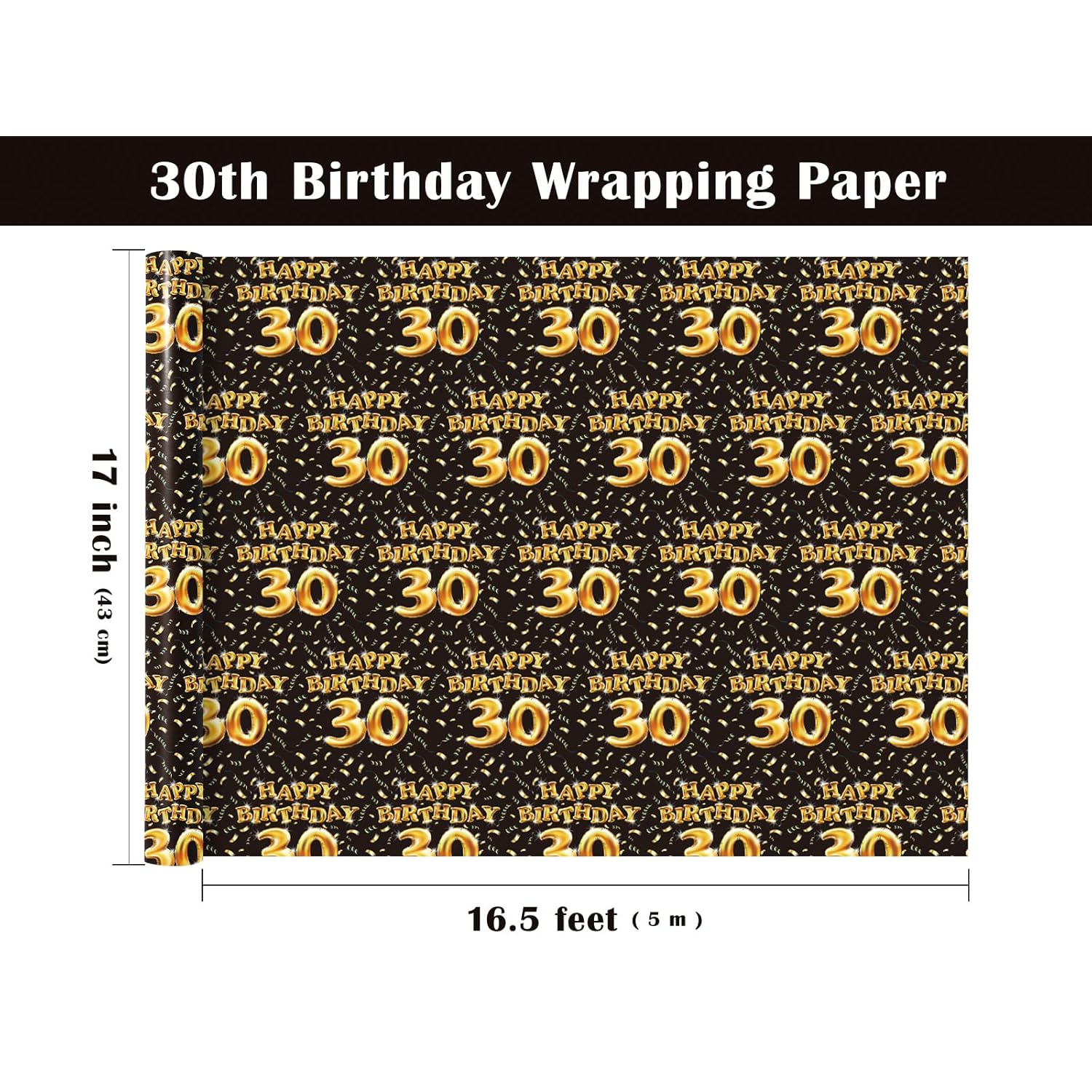 30Th Birthday Wrapping Paper Roll - Mini Roll - 17 Inch X 16.5 Feet - Black And Gold Balloons Happy Birthday Wrapping Paper Perfect For Man, Party, Holiday