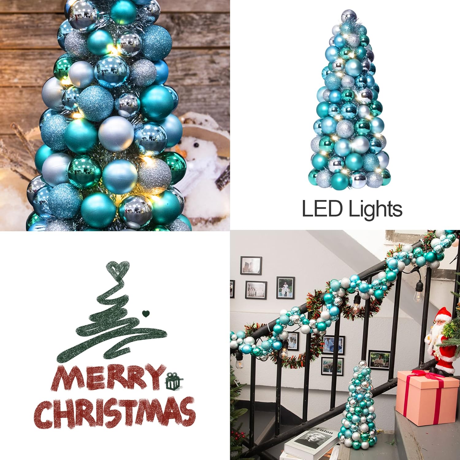 16In Christmas Ball Tree With Led Lights Table Centerpiece Fireplace Decor Indoor Holiday Party Home Decoration Light Blue Silver