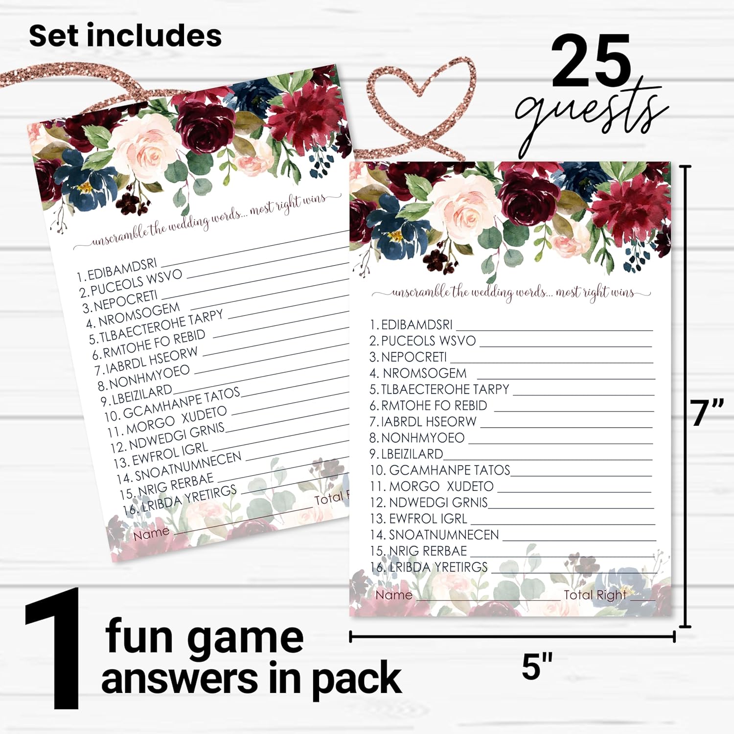 Blue Floral Bridal Shower Games - 25 Cards - Wedding Word Scramble Game - Fun Guessing Activity For Guests - Engagement Parties & Rehearsal Dinners - Burgundy And Gold Greenery Design