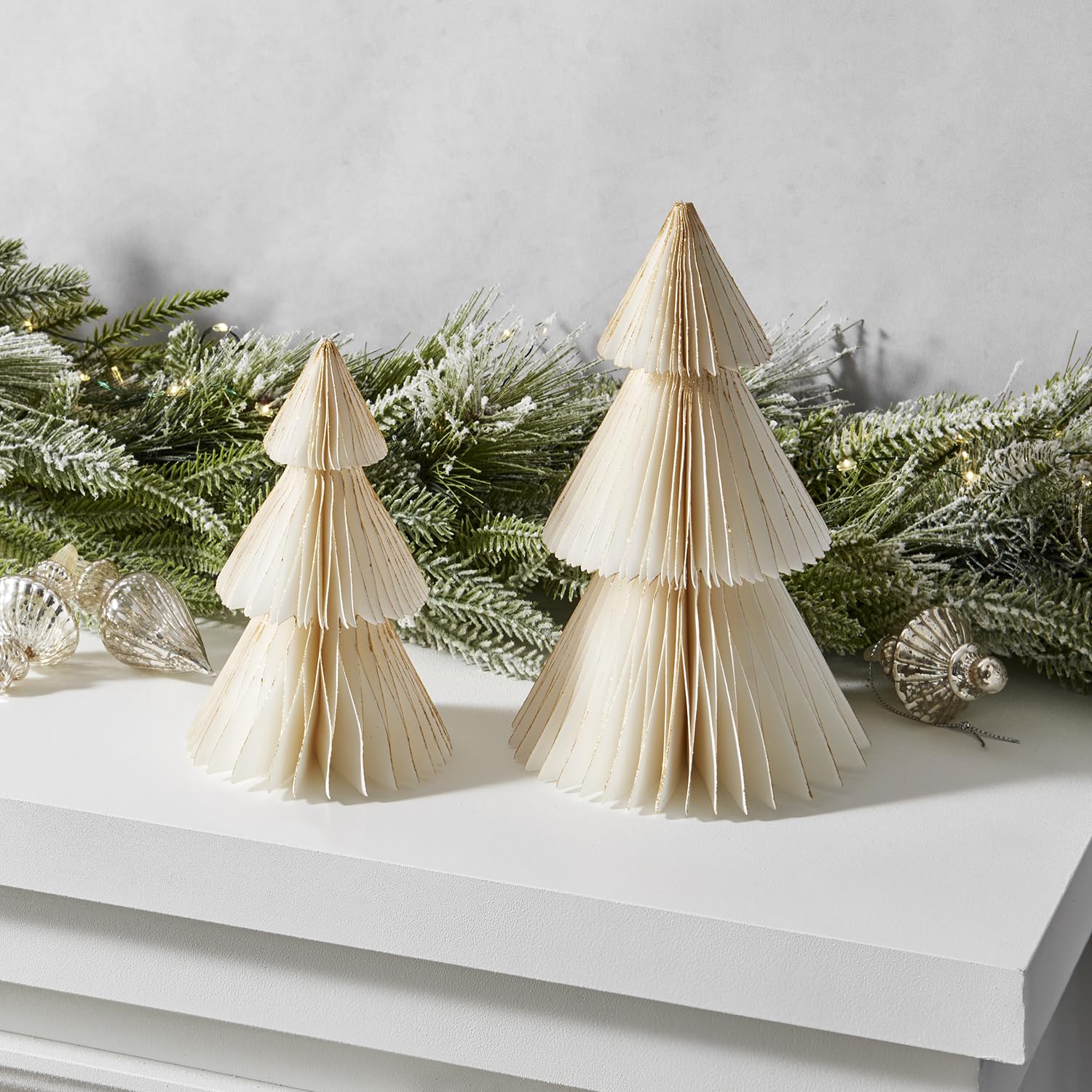Honeycomb Paper Christmas Tree Decor, 2 Pack, 6 & 8 in, White