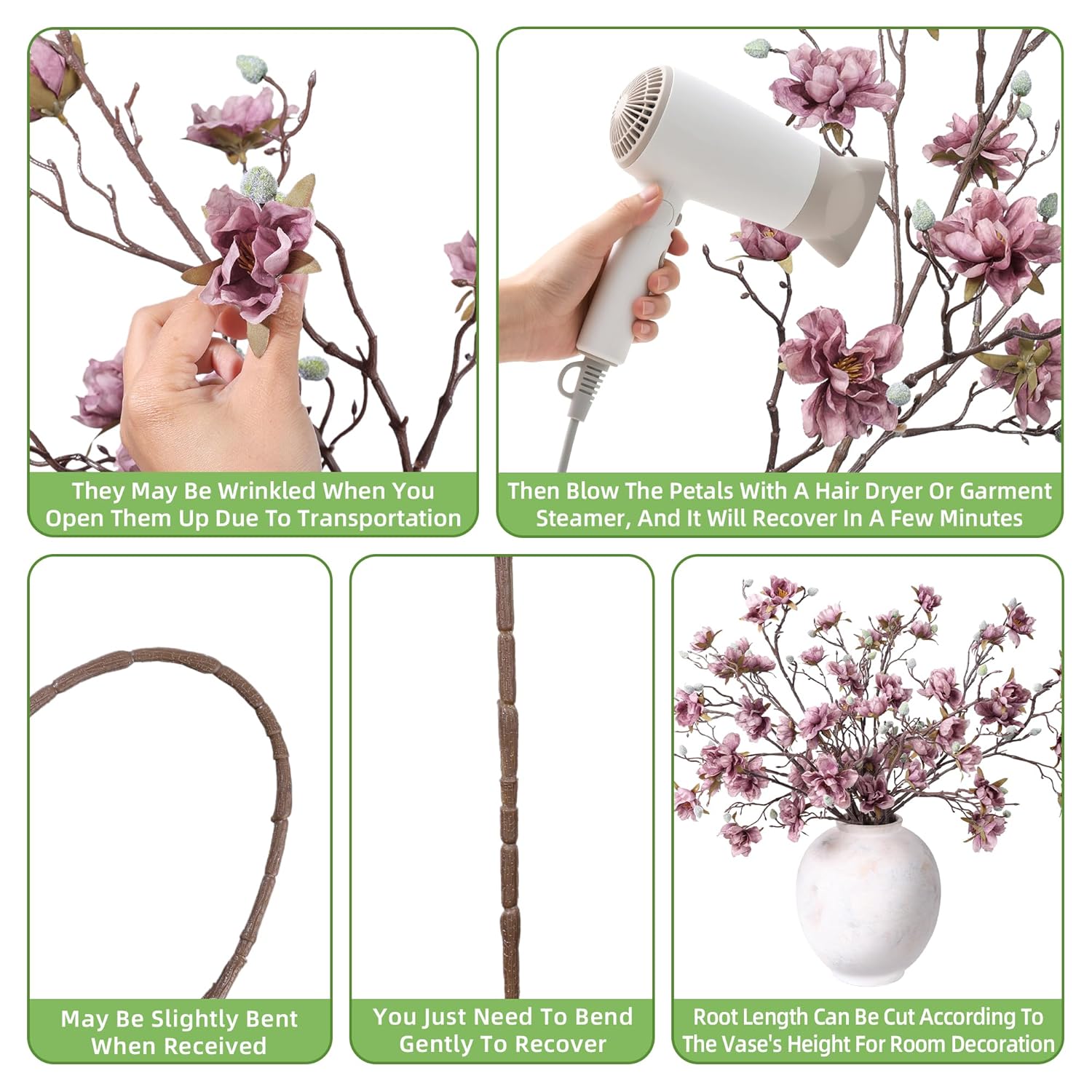 3Pcs Artificial Magnolia Flowers Stems For Spring Decoration, Faux Purple Magnolia Branches With Buds, 34.5" Long Stems Floral Arrangement For Vase Pot Table Centerpiece Indoor Decor