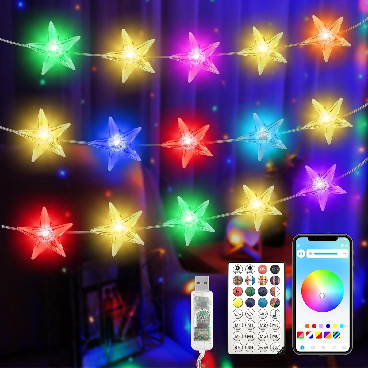 Smart Star Christmas Lights Indoor, 33 Ft 80 Led Usb Star Lights String, App & Remote Control, Timer Music Sync, Star St