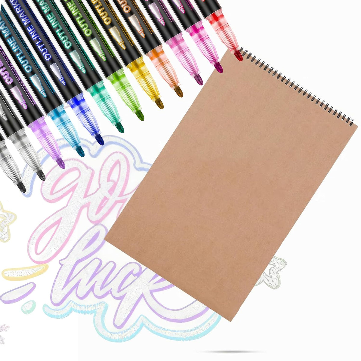 Shimmer Markers Outline Double Line 12 Colors Metallic Glitter Pens & Sketchbook Set Super Squiggles Sparkle Gift Self Drawing Supplies Marker Christmas Card Writing, Birthday Greeting, Painting, Diy
