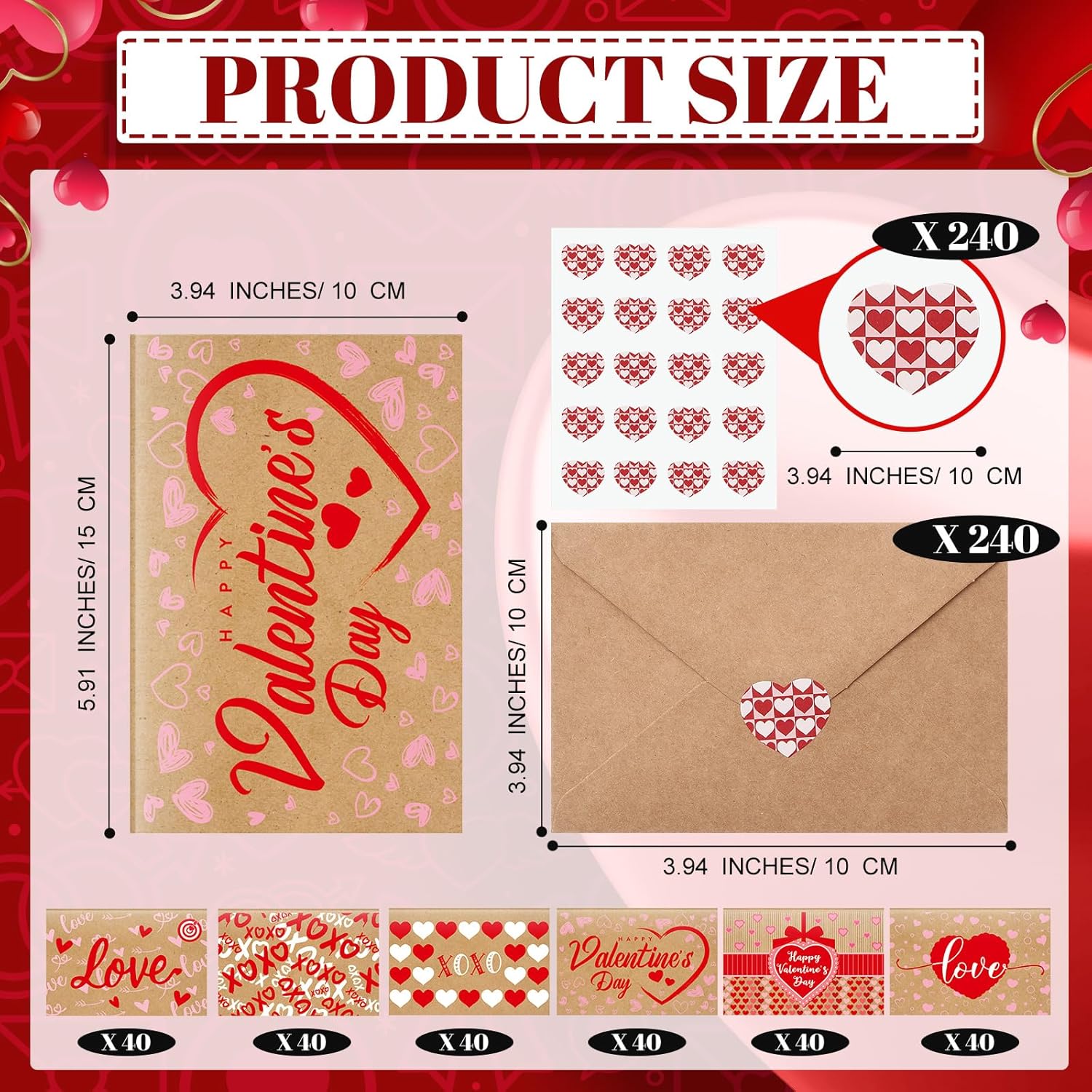 240 Sets Valentine'S Day Cards With Envelopes Stickers Bulk Assortment Foldable Love Heart Greeting Cards Red Pink Envelopes For Valentine'S Day Anniversary Wedding(Classic)