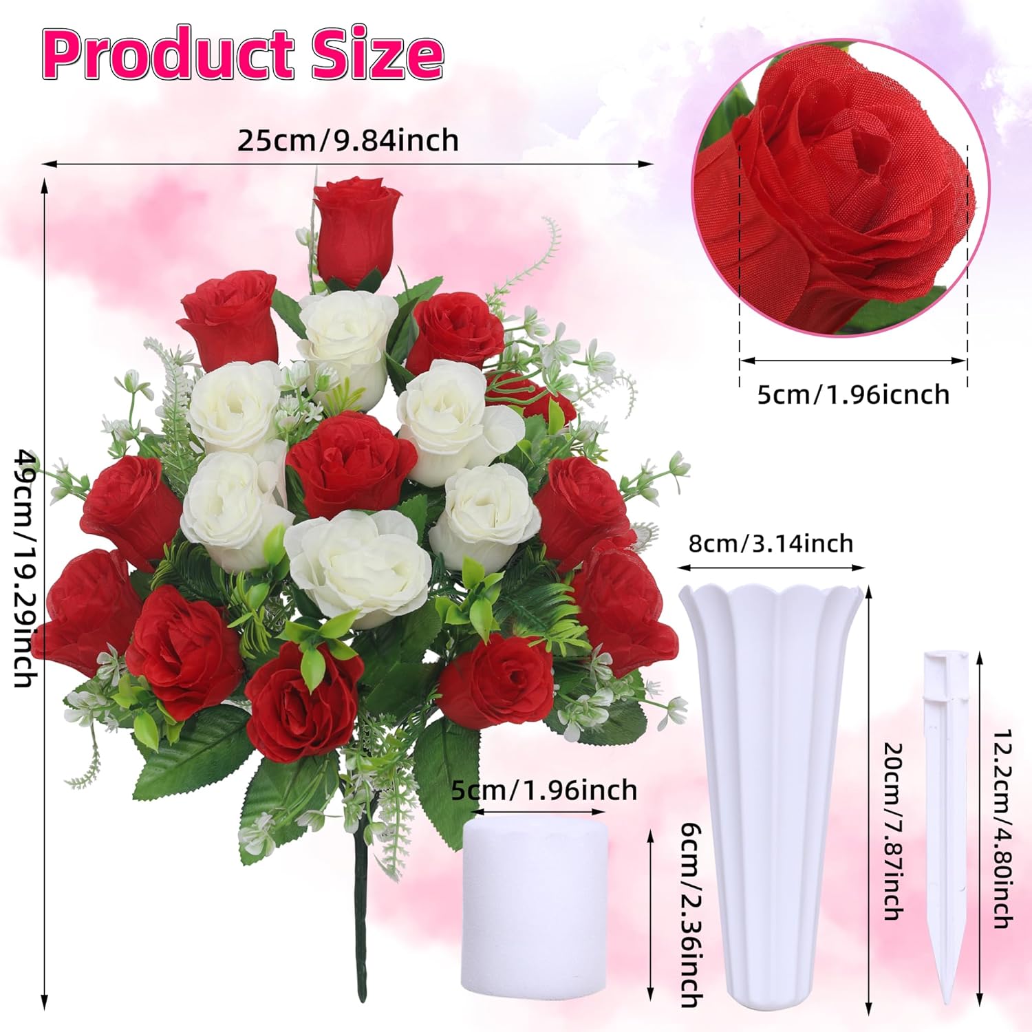 Set Of 2 Artificial Cemetery Flowers, Grave Memorial Flowers With Vase, Outdoor Grave Decorations Roses For Cemetery Headstones Decoration (Red White)