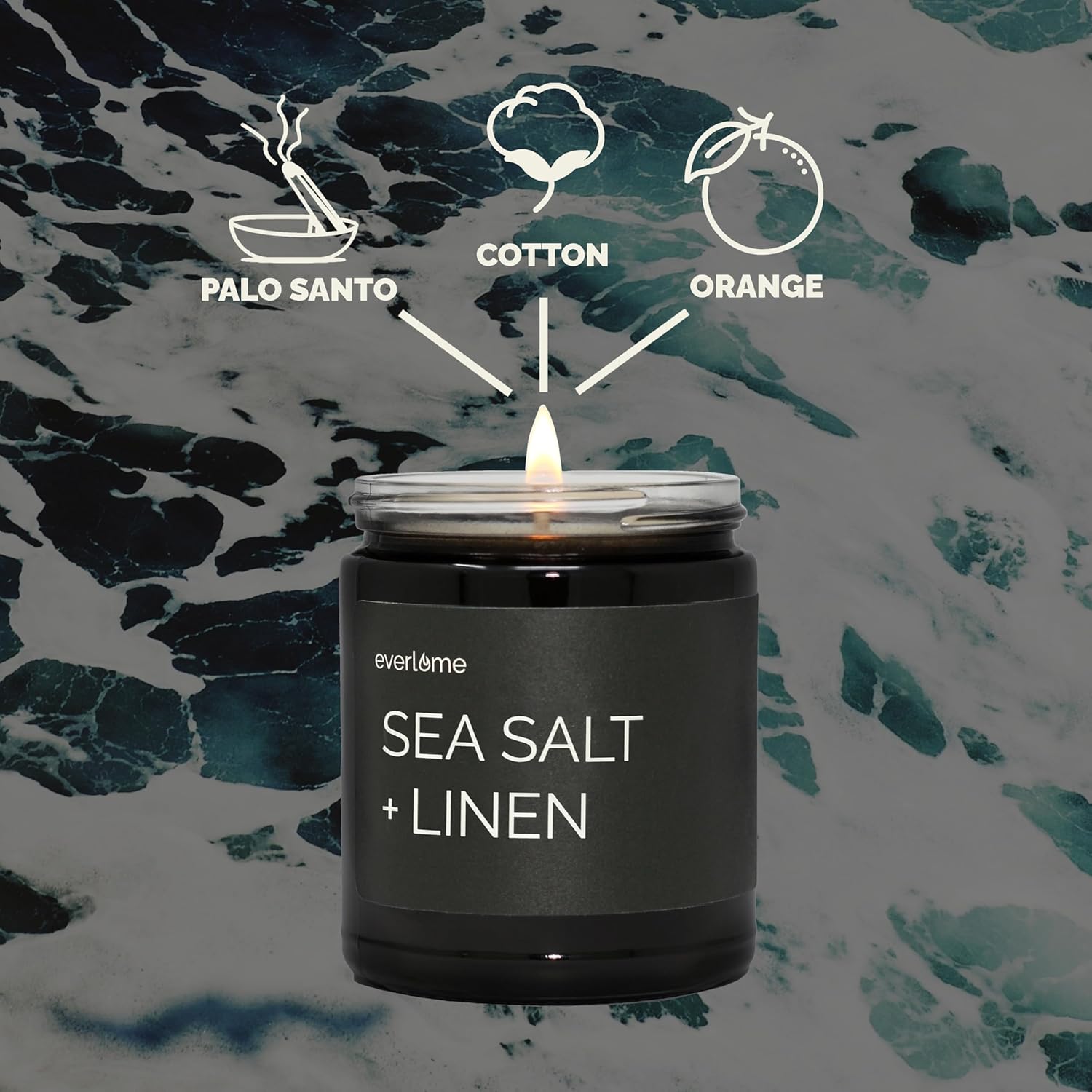 Premium Soy Wax Candle | Highly Scented Black Glass Jar Candles | Long Lasting, Clean Burn | 8 Oz | Gifts For Man And Woman | Made In Usa (Sea Salt + Linen)